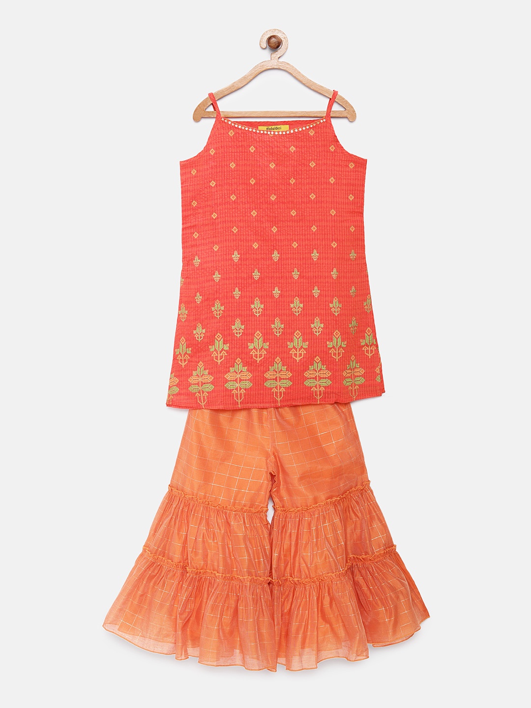 

Global Desi Girls Orange Printed Tunic with Palazzos, Red