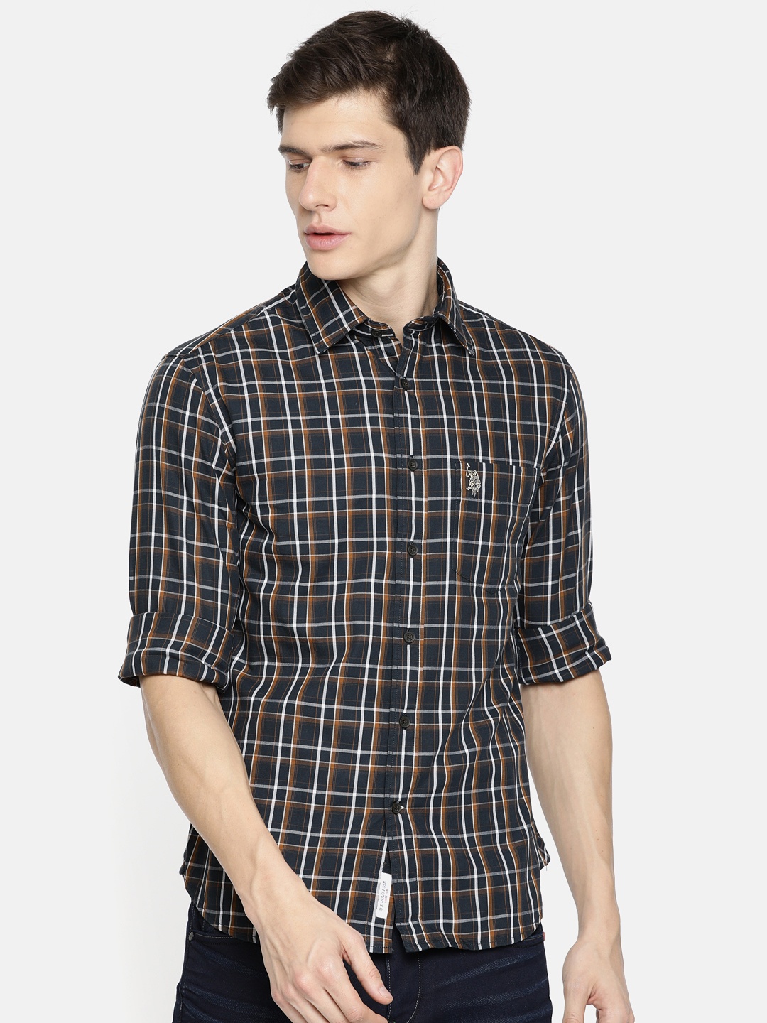 

U.S. Polo Assn. Men Navy Blue & Brown Tailored Fit Checked Casual Shirt