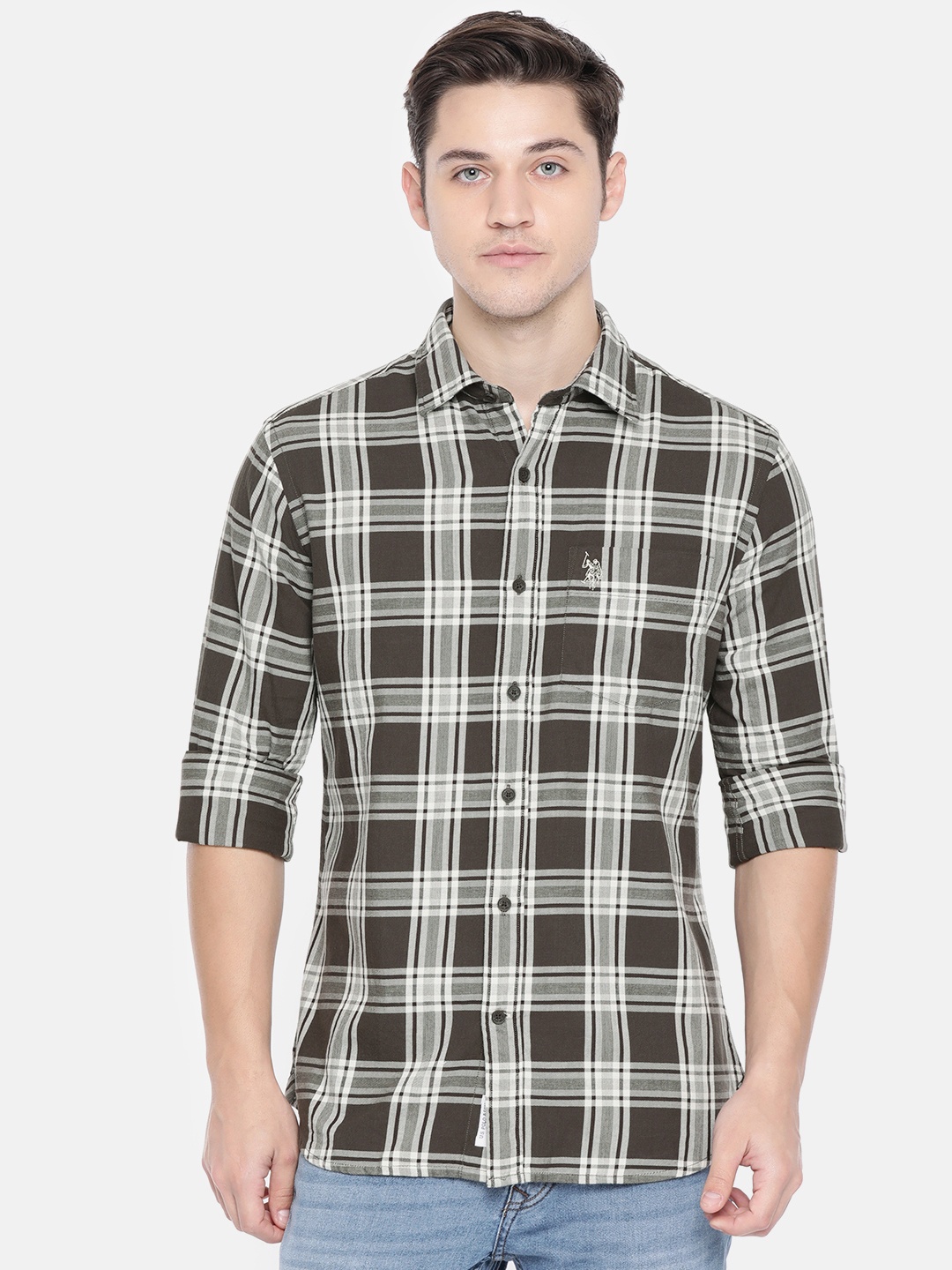 

U.S. Polo Assn. Men Olive Green & Off-White Tailored Fit Checked Casual Shirt