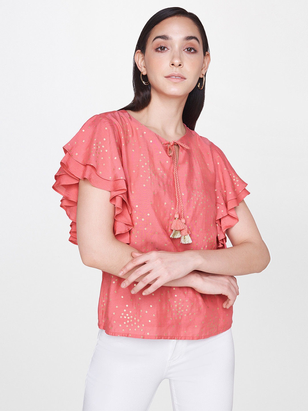 

AND Women Pink & Gold Printed Top With Flutter Sleeve
