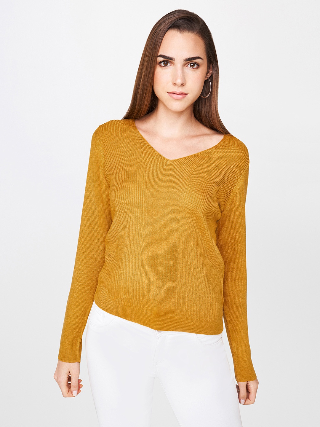 

AND Women Mustard Yellow Solid Knitted Top