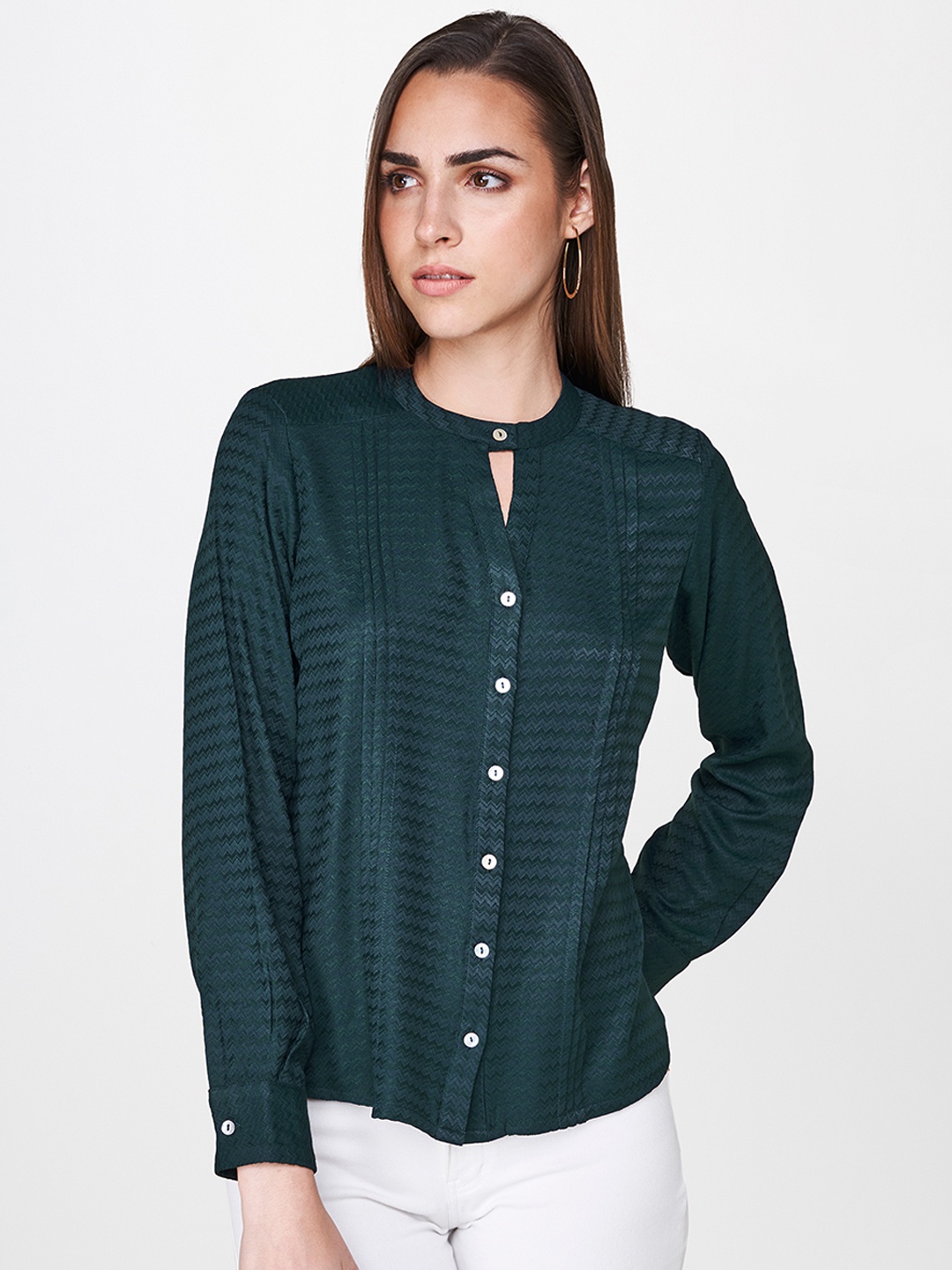 

AND Women Teal Blue Self Design Shirt Style Top
