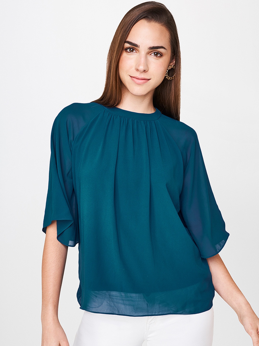 

AND Women Teal Blue Solid Regular Top