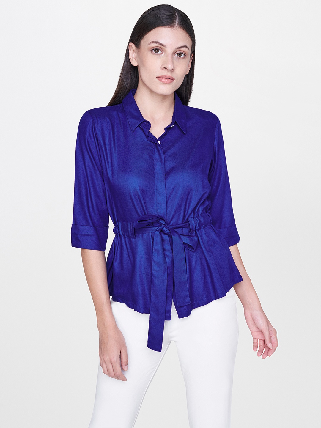 

AND Women Blue Solid Shirt Style Top