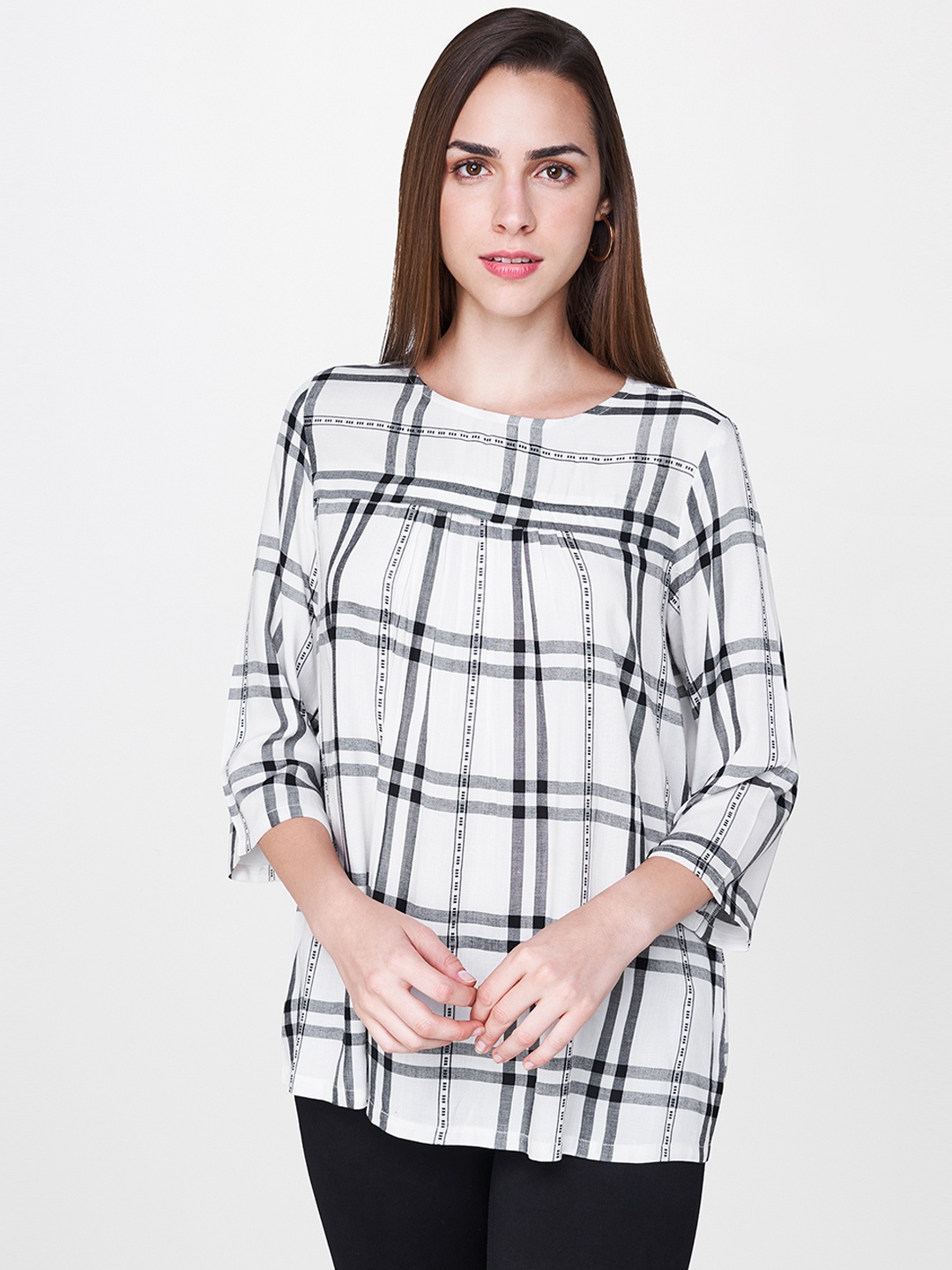 

AND Women Off-White Checked Regular Top