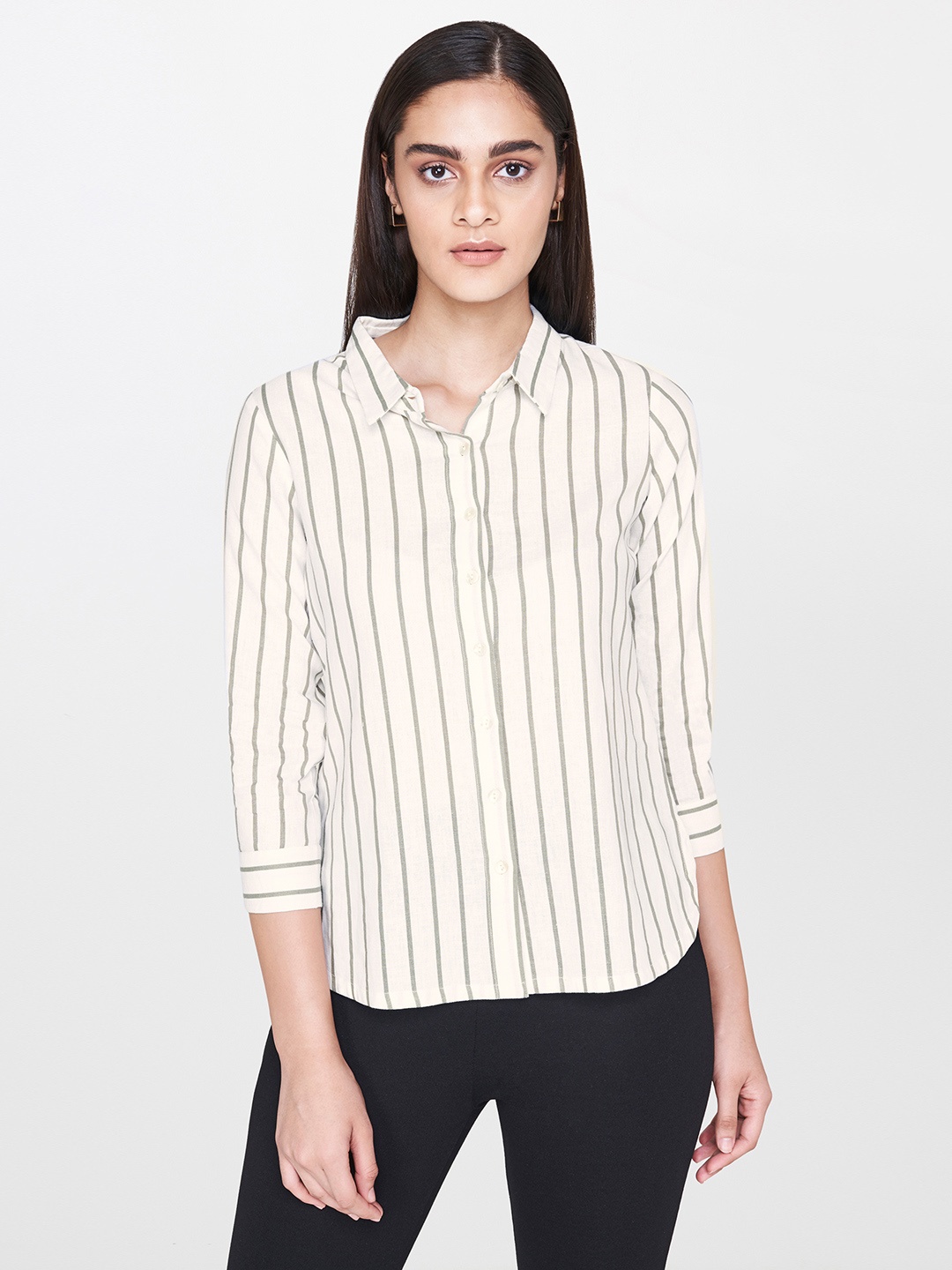 

AND Women White & Green Regular Fit Striped Casual Shirt