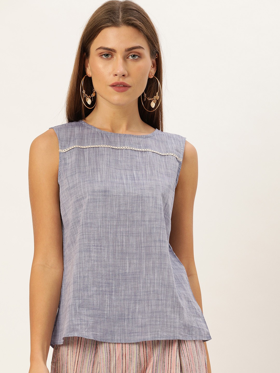 

AND Women Blue Solid Top With Lace Inserts