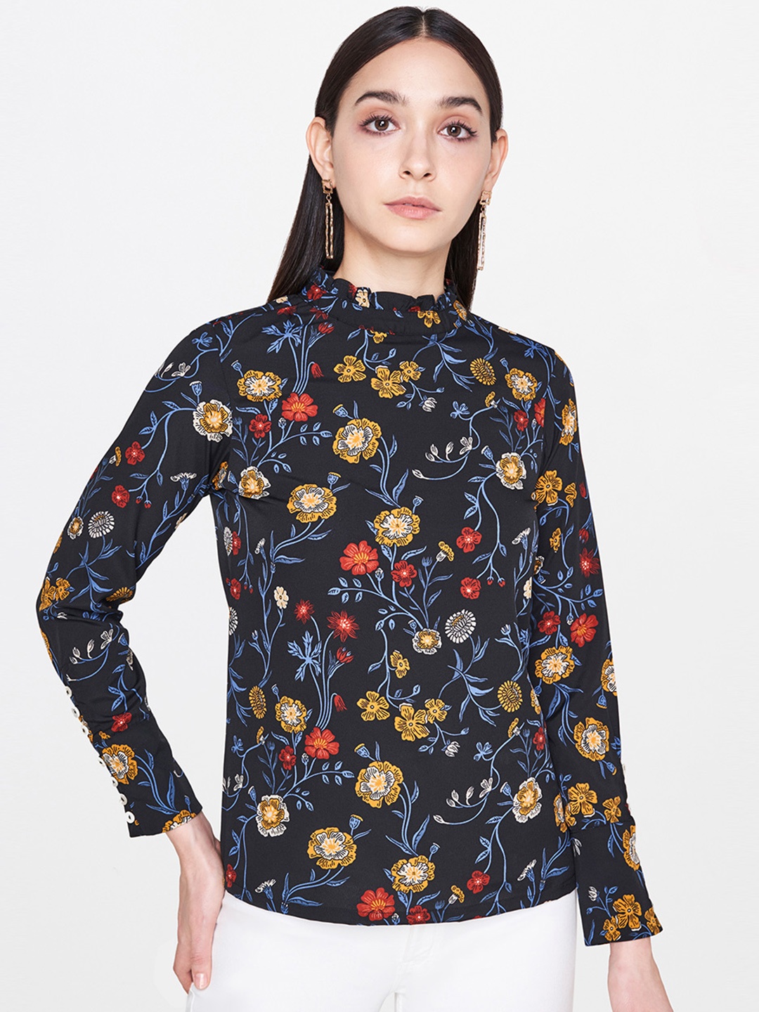 

AND Women Black & Mustard Yellow Floral Print Top