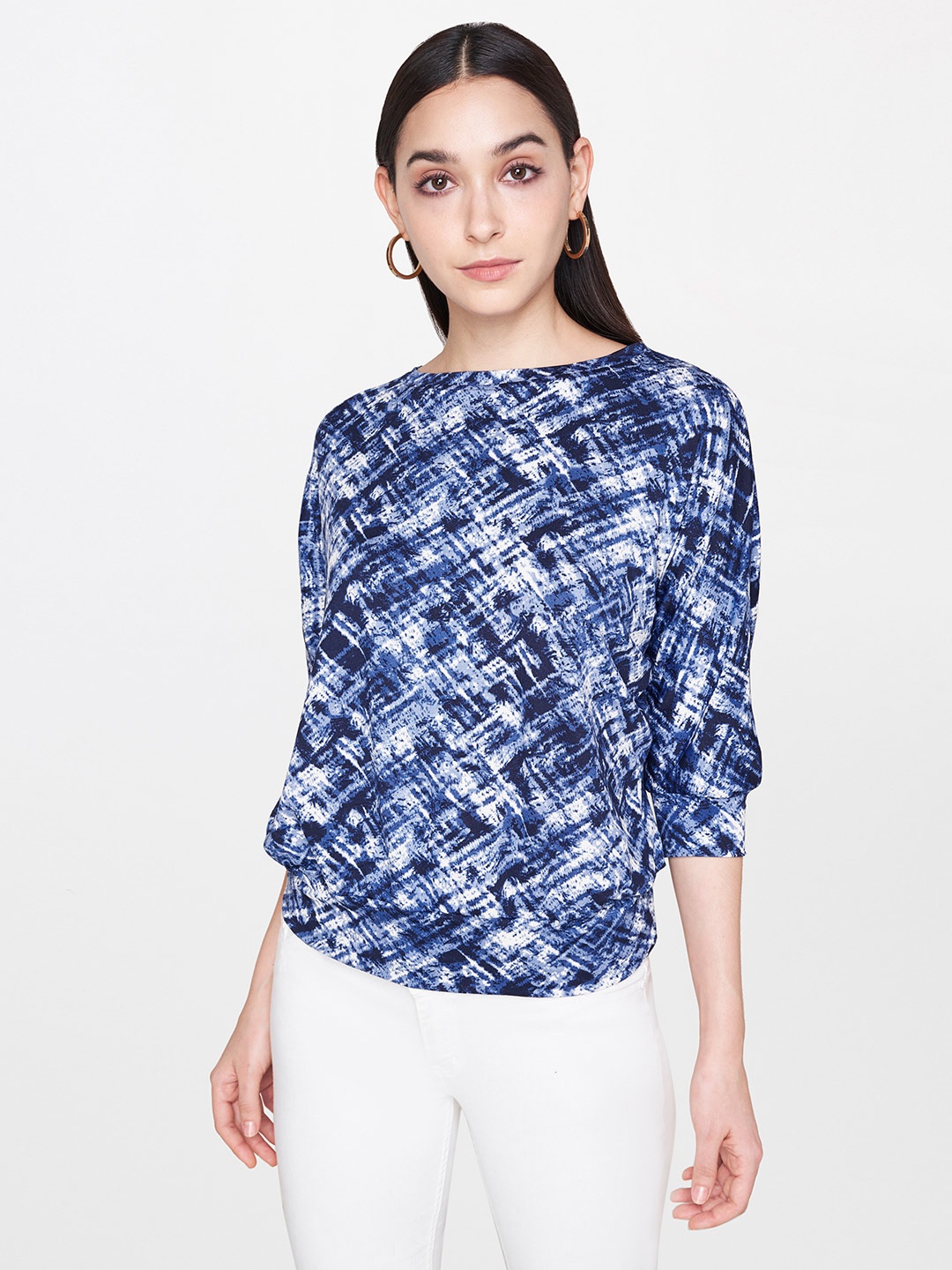 

AND Women Blue & White Printed Blouson Top