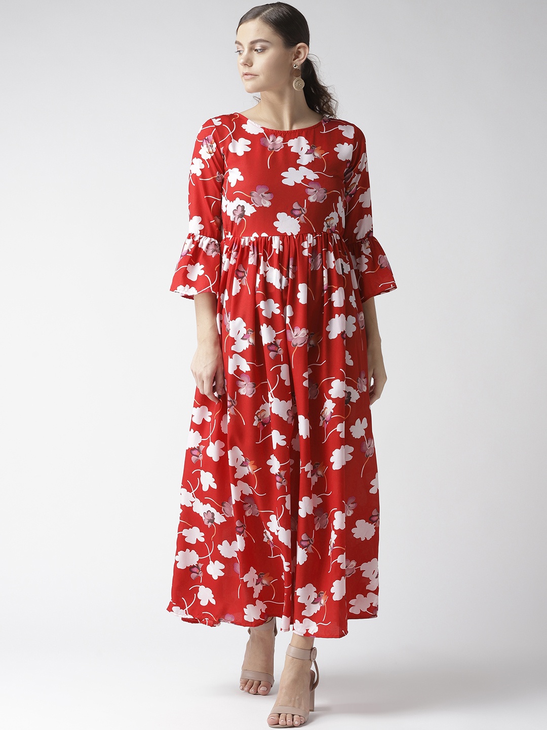 

U&F Women Red & White Floral Print Maxi Dress