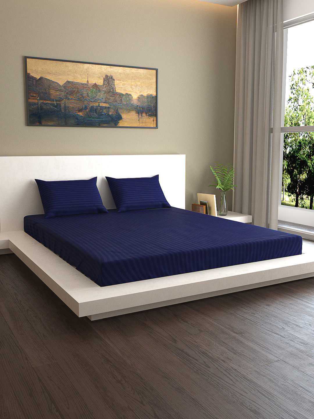 

MARK HOME Navy Blue Striped 210 TC Cotton 1 Queen Bedsheet with 2 Pillow Covers