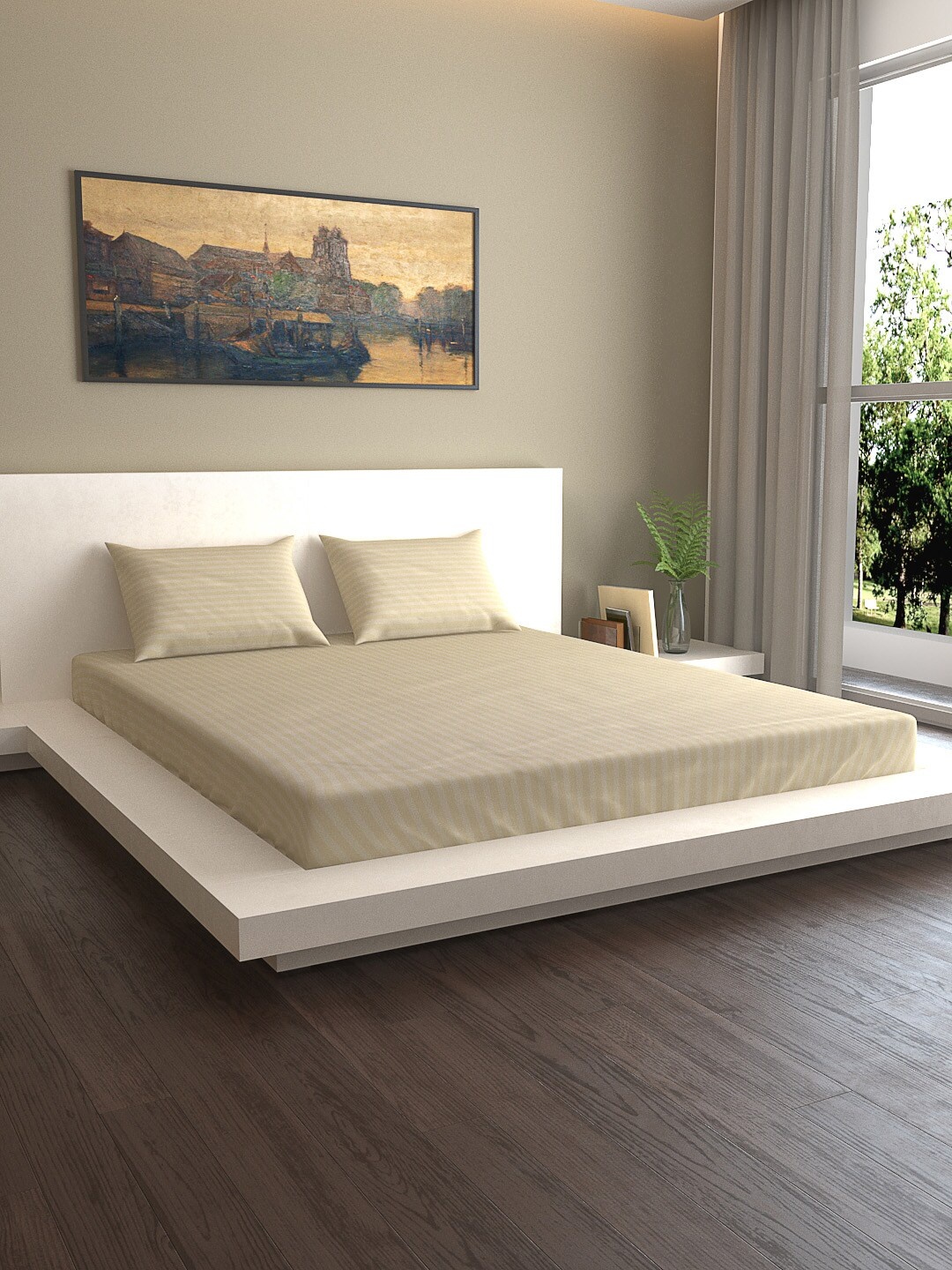 

MARK HOME Cream-Coloured Striped 210 TC Cotton 1 Queen Bedsheet with 2 Pillow Covers
