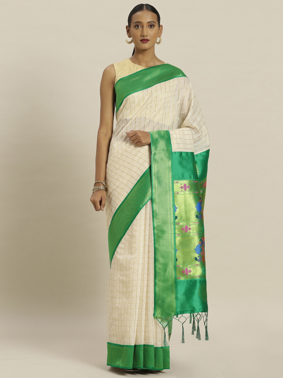 

Mitera Cream-Coloured & Green Cotton Blend Checked Paithani Saree