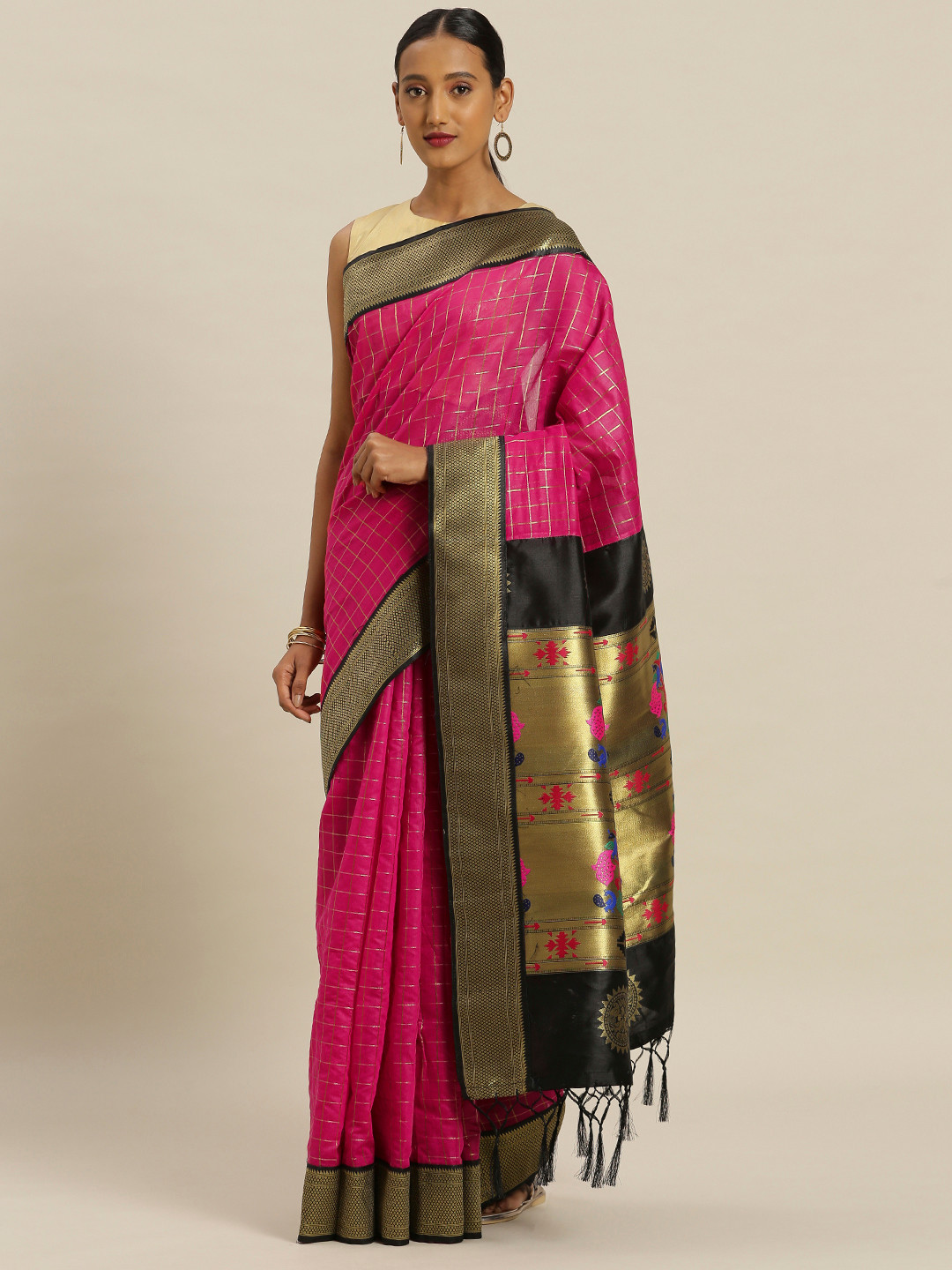 

Mitera Pink & Black Cotton Blend Checked Paithani Saree