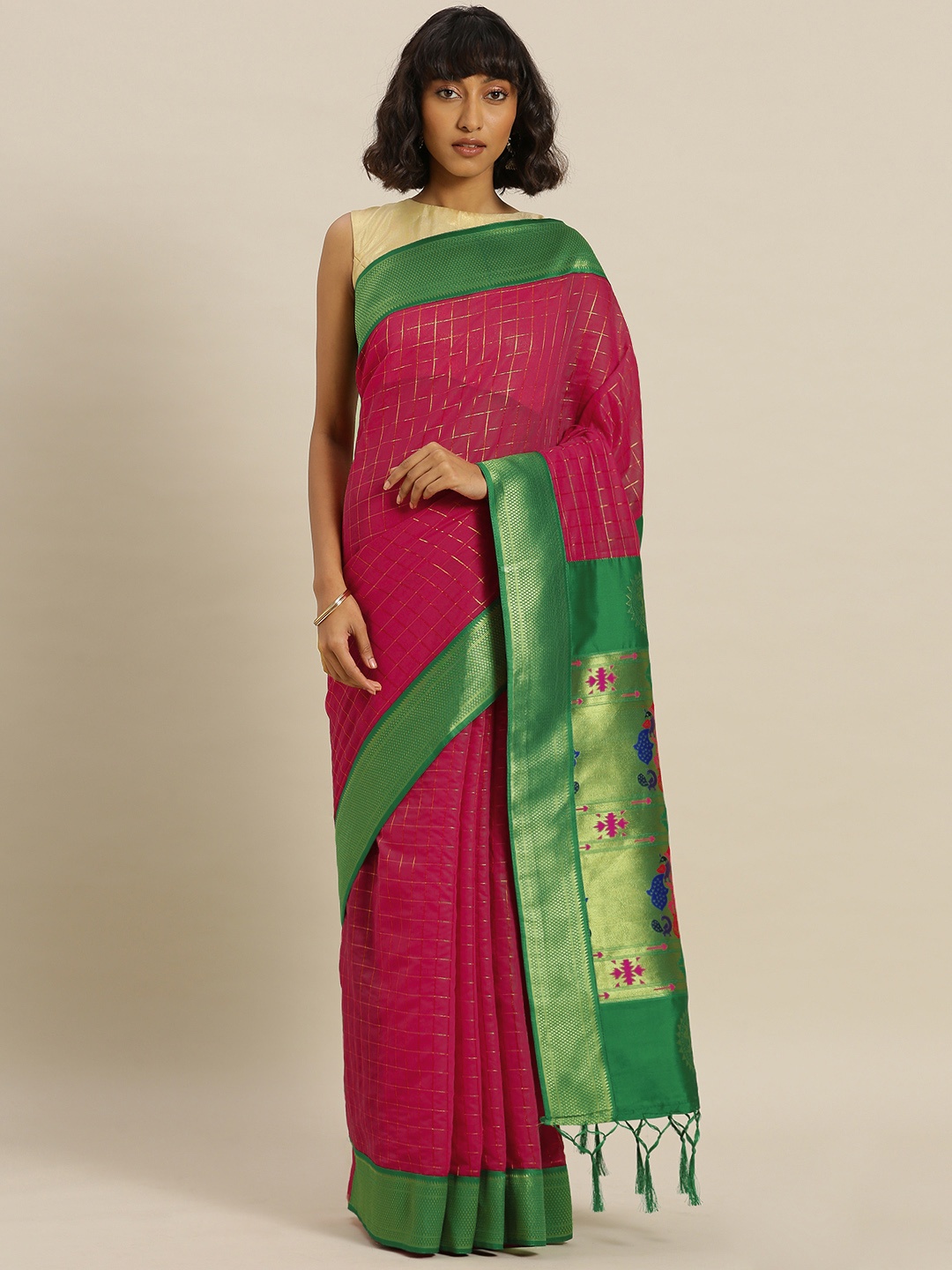 

Mitera Pink Cotton Blend Woven Design Paithani Saree