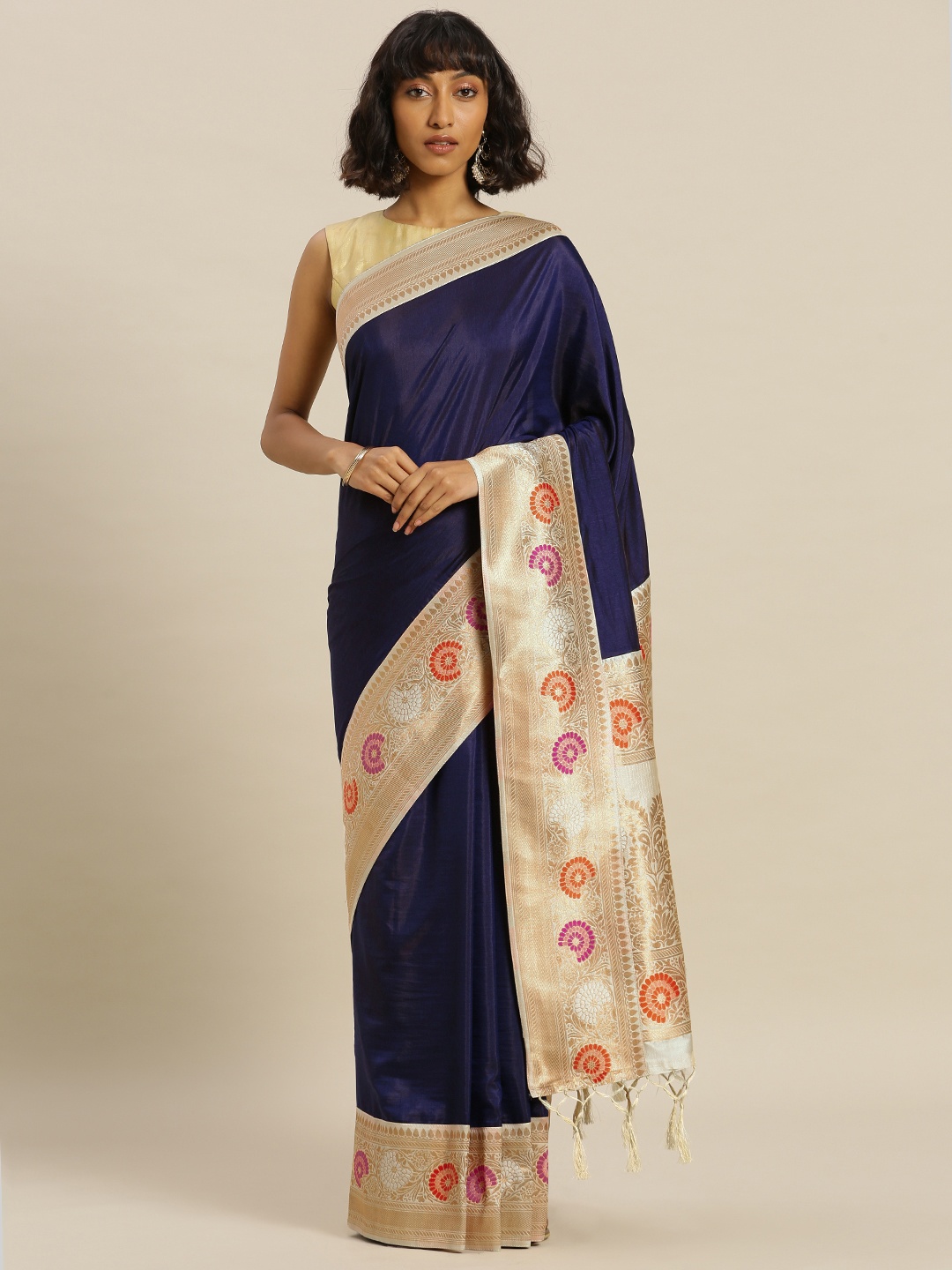 

Mitera Navy Blue Silk Blend Solid Banarasi Saree