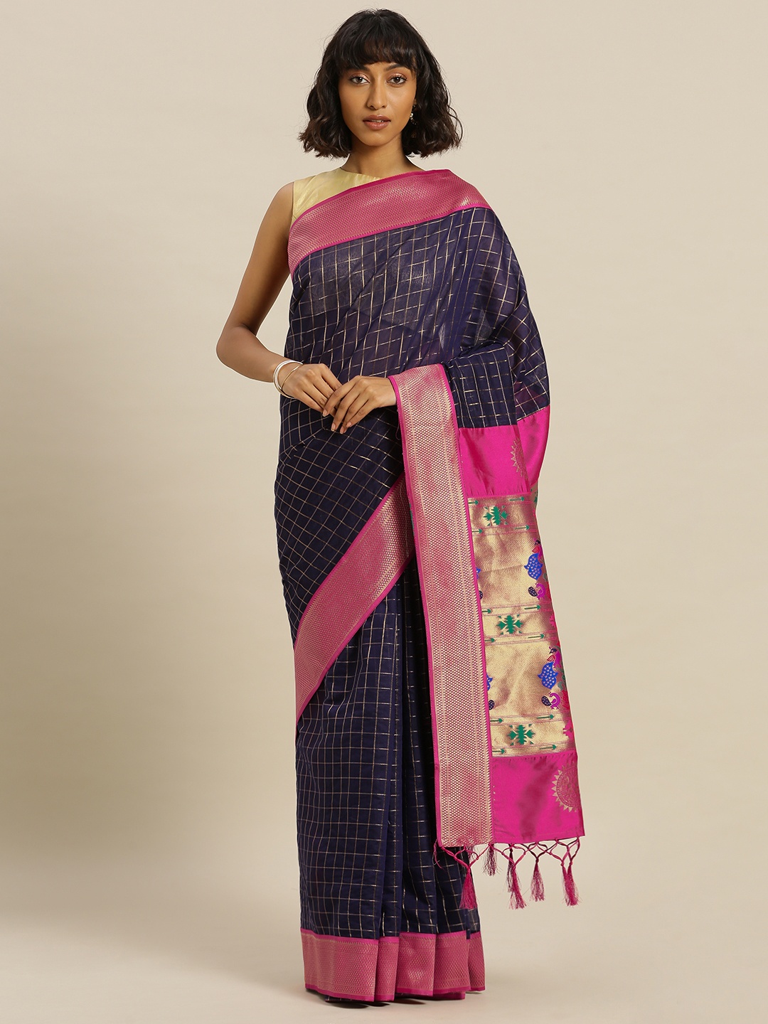 

Mitera Navy Blue & Pink Cotton Blend Checked Paithani Saree