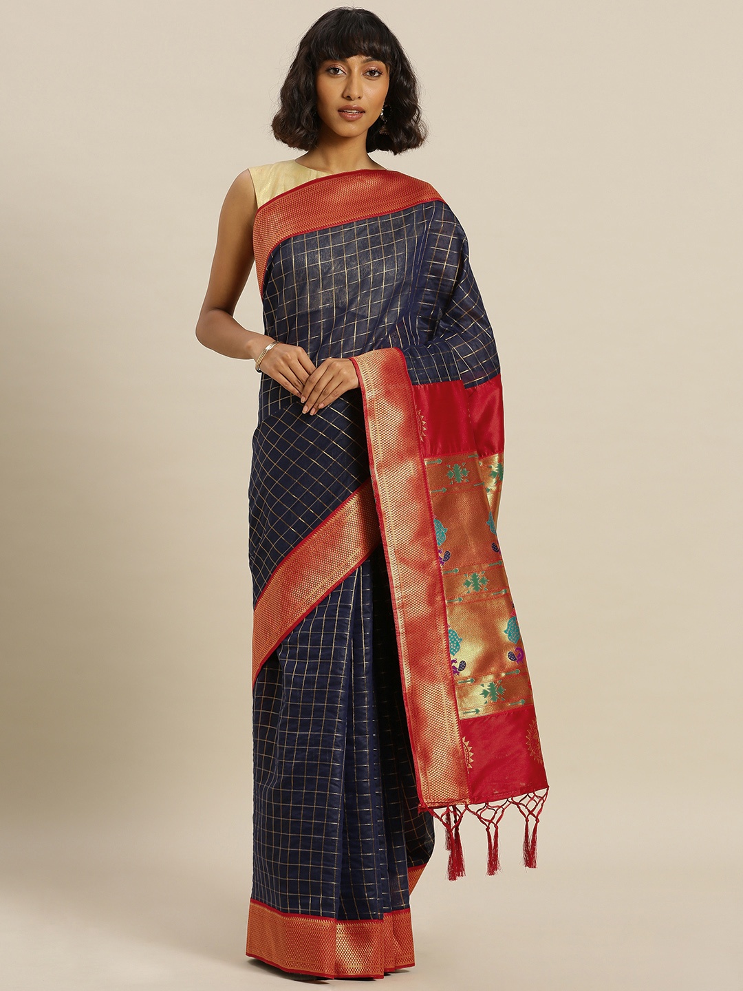 

Mitera Navy Blue Cotton Blend Woven Design Paithani Saree