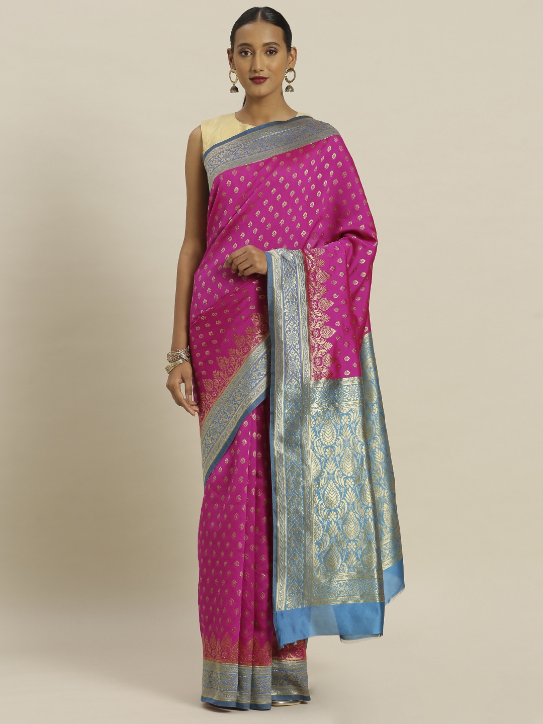 

Mitera Pink & Blue Silk Blend Woven Design Banarasi Saree