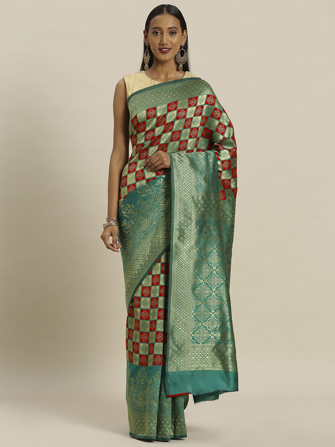 

Mitera Teal Blue & Red Silk Blend Woven Design Banarasi Saree