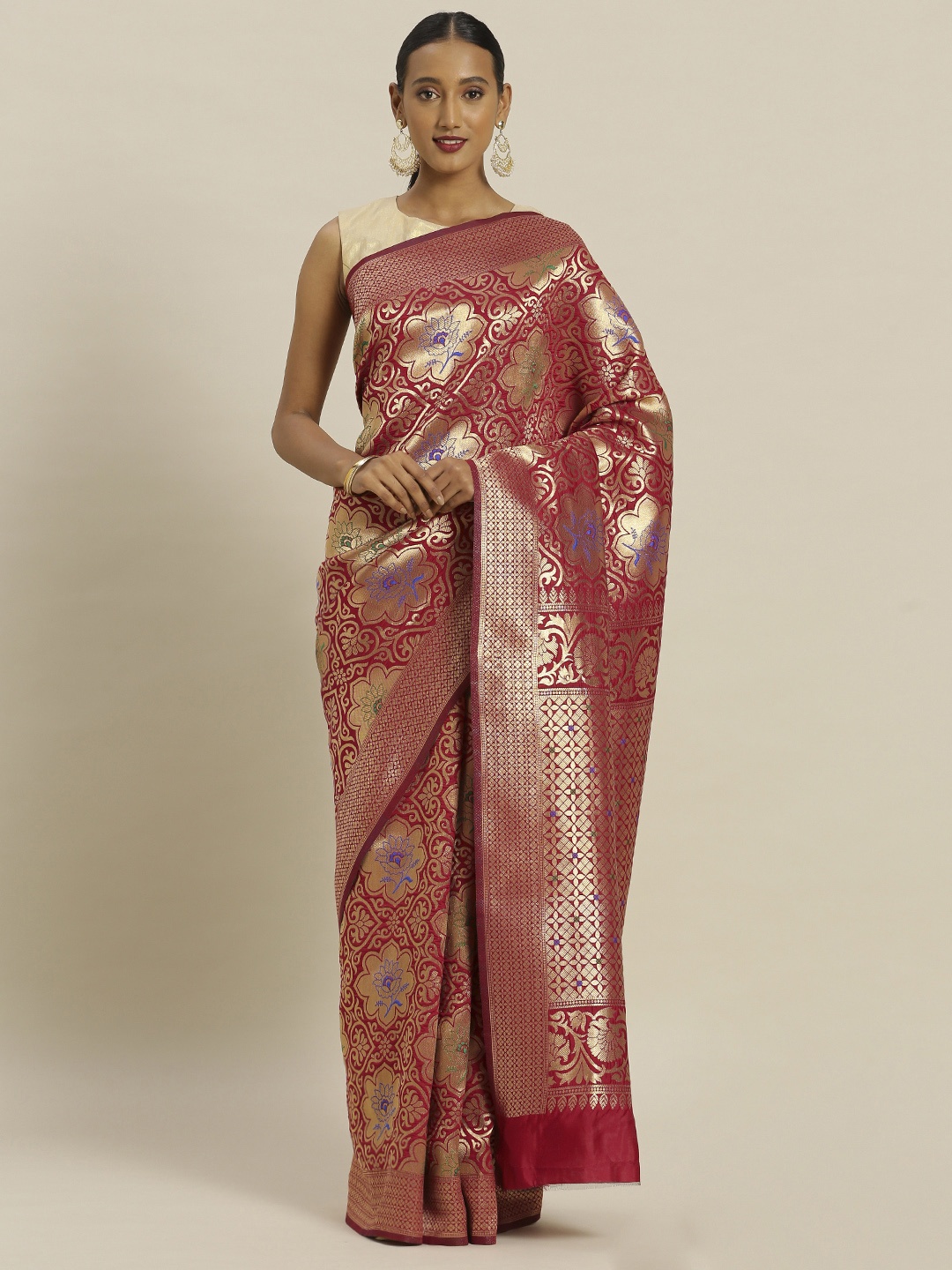 

Mitera Red & Golden Silk Blend Woven Design Banarasi Saree