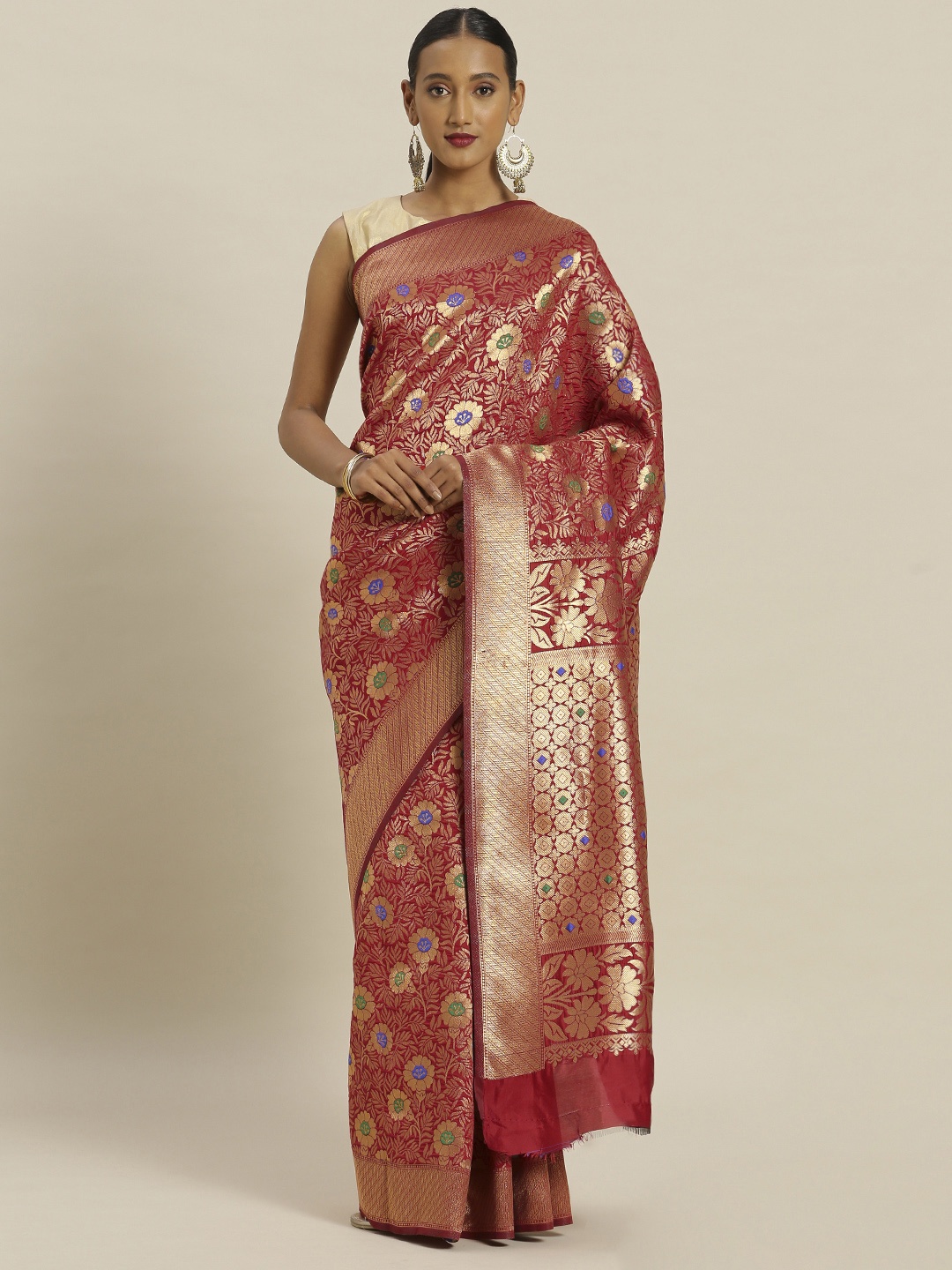 

Mitera Red & Golden Silk Blend Woven Design Banarasi Saree