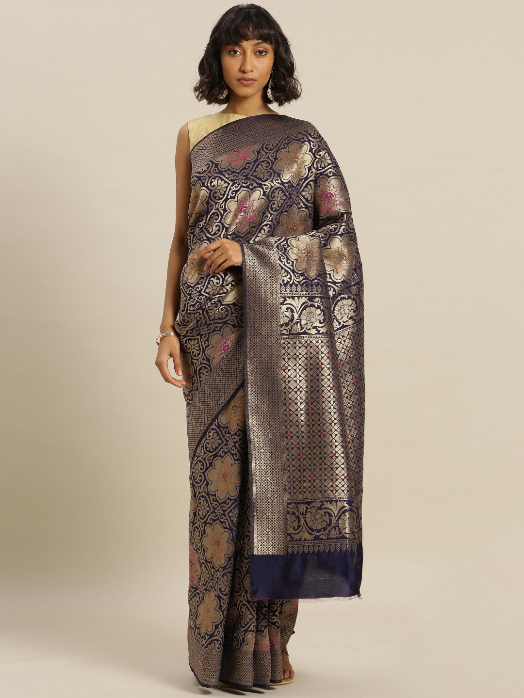 

Mitera Navy Blue & Gold-Toned Silk Blend Woven Design Banarasi Saree