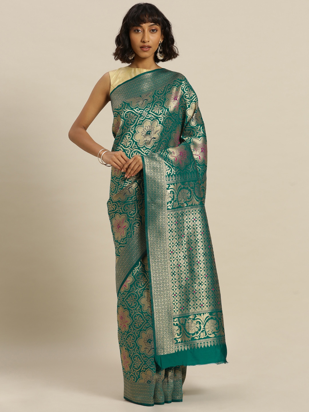 

Mitera Green & Gold-Toned Silk Blend Woven Design Banarasi Saree