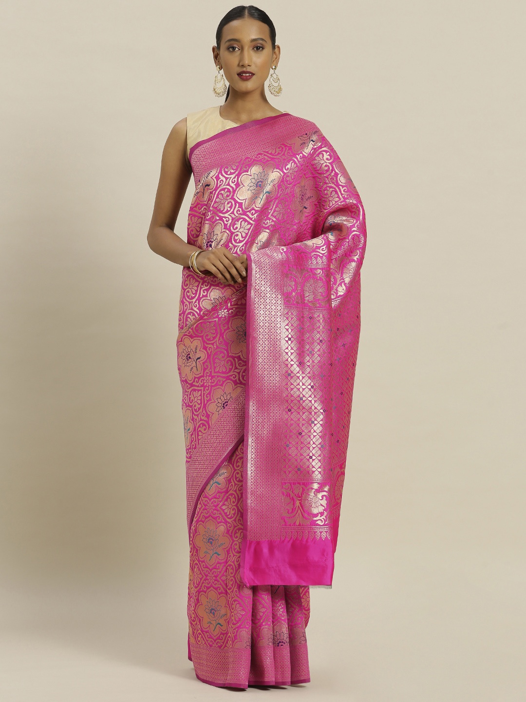 

Mitera Pink & Golden Silk Blend Woven Design Banarasi Saree