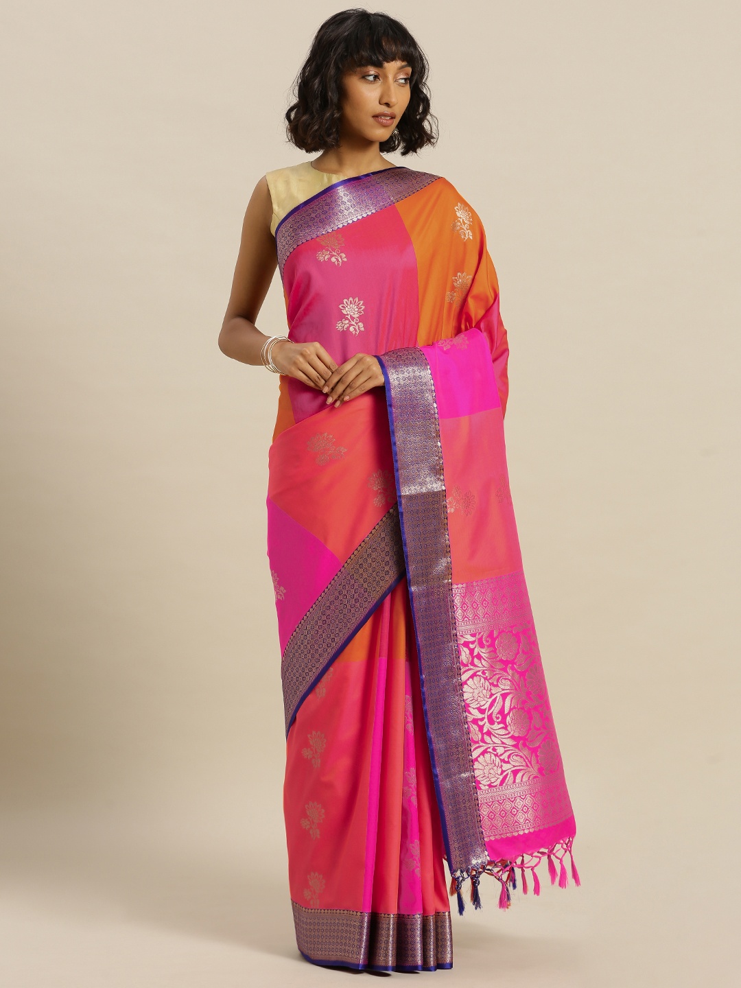 

Mitera Magenta & Orange Silk Blend Woven Design Kanjeevaram Saree