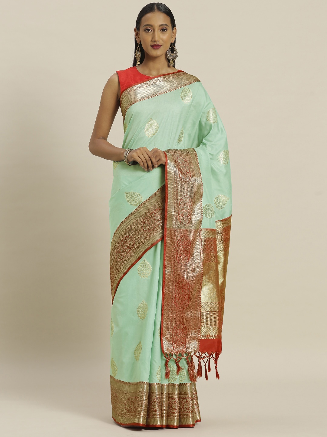 

Mitera Sea Green & Red Silk Blend Woven Design Banarasi Saree