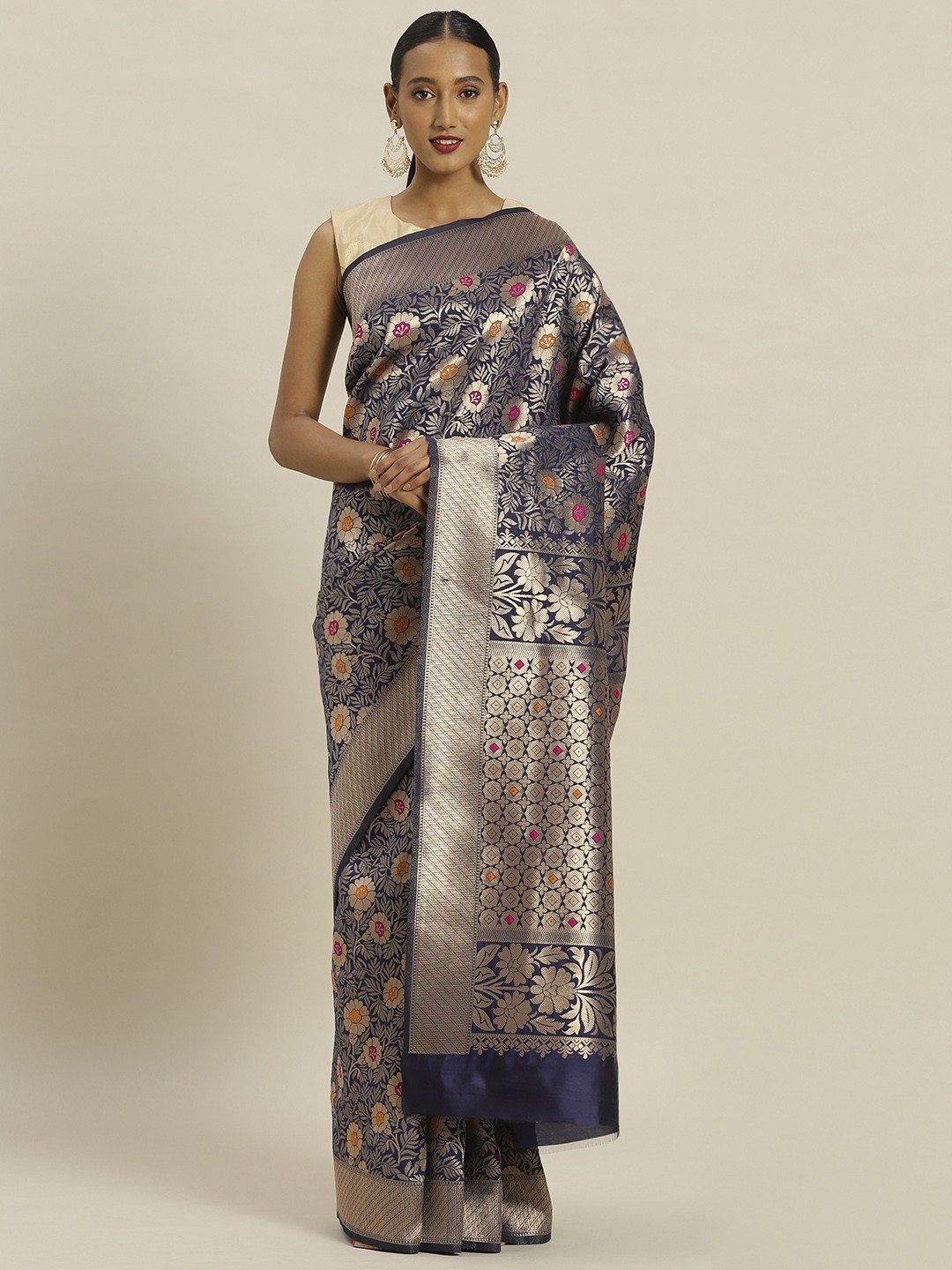 

Mitera Navy Blue & Golden Silk Blend Woven Design Banarasi Saree