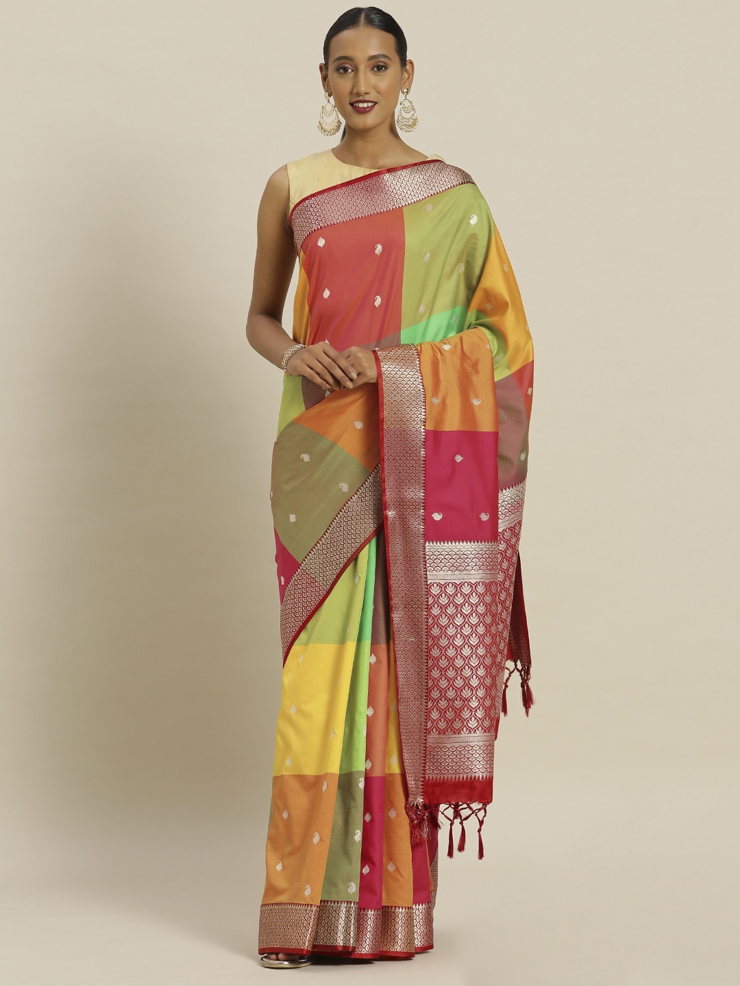 

Mitera Yellow & Green Silk Blend Woven Design Kanjeevaram Saree