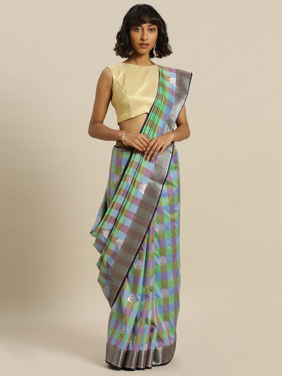 

Mitera Multicoloured Silk Blend Checked Kanjeevaram Saree, Multi