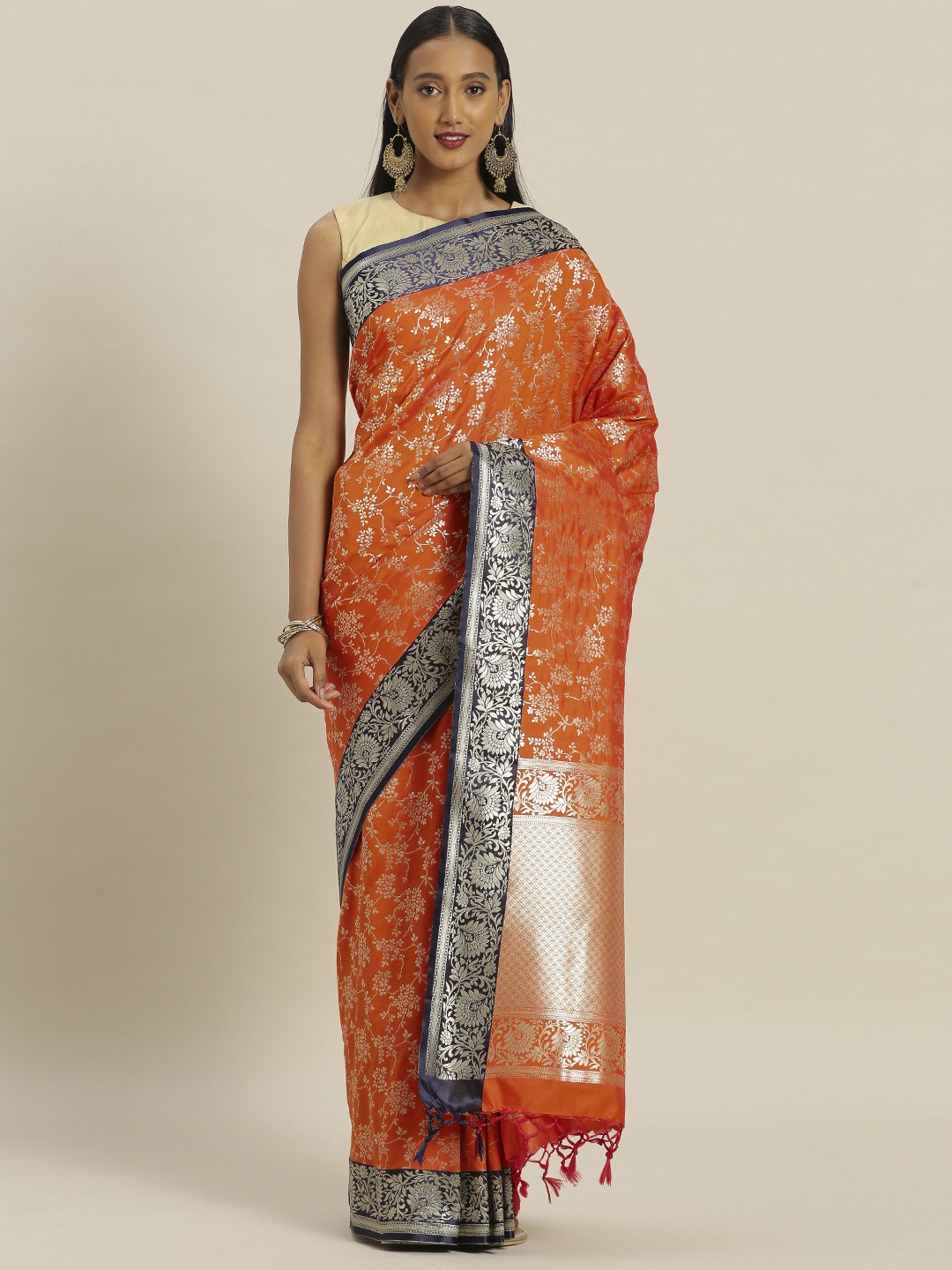 

Mitera Orange & Golden Silk Blend Woven Design Banarasi Saree