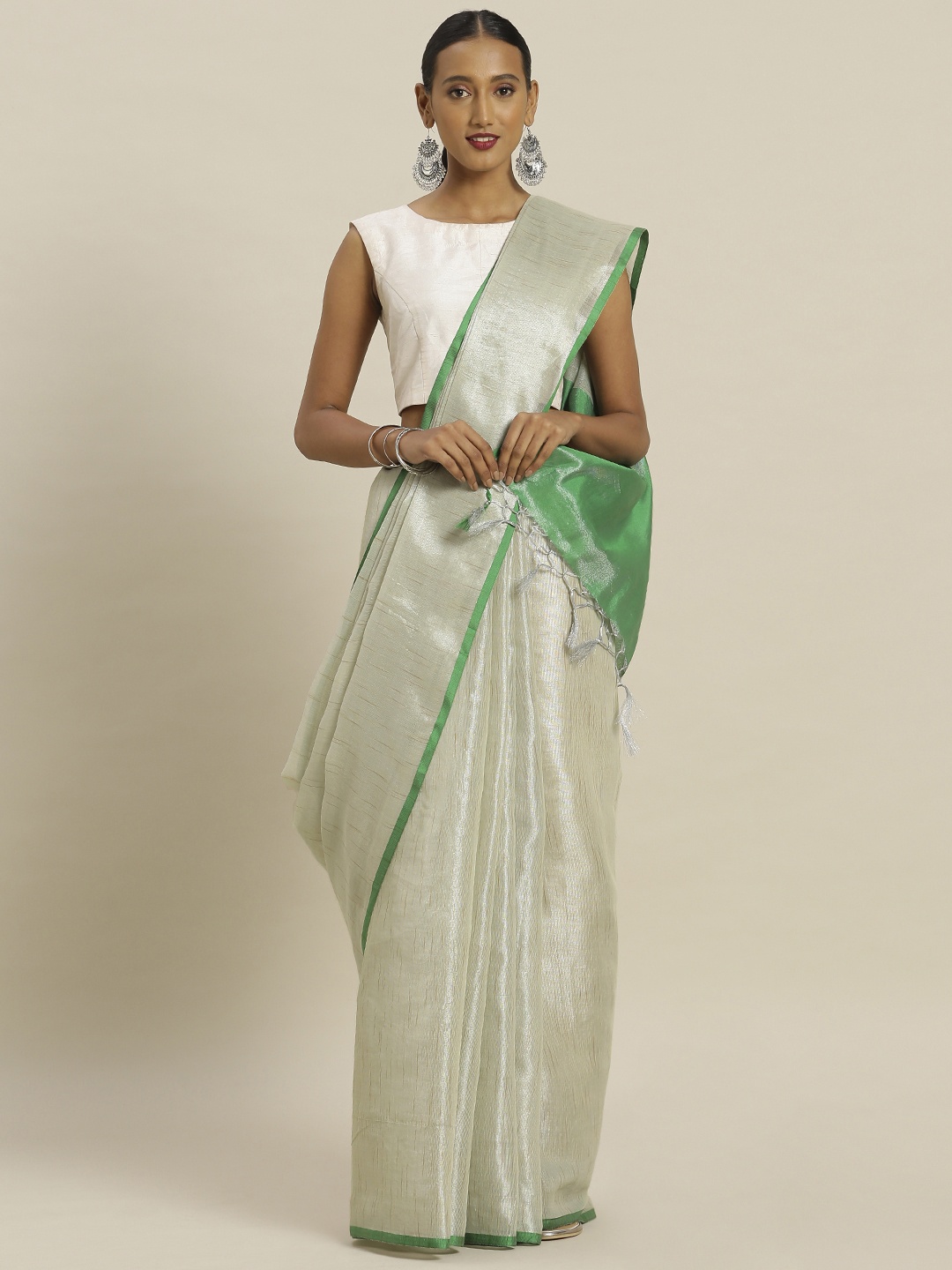 

Mitera Silver-Toned & Green Poly Silk Woven Design Saree