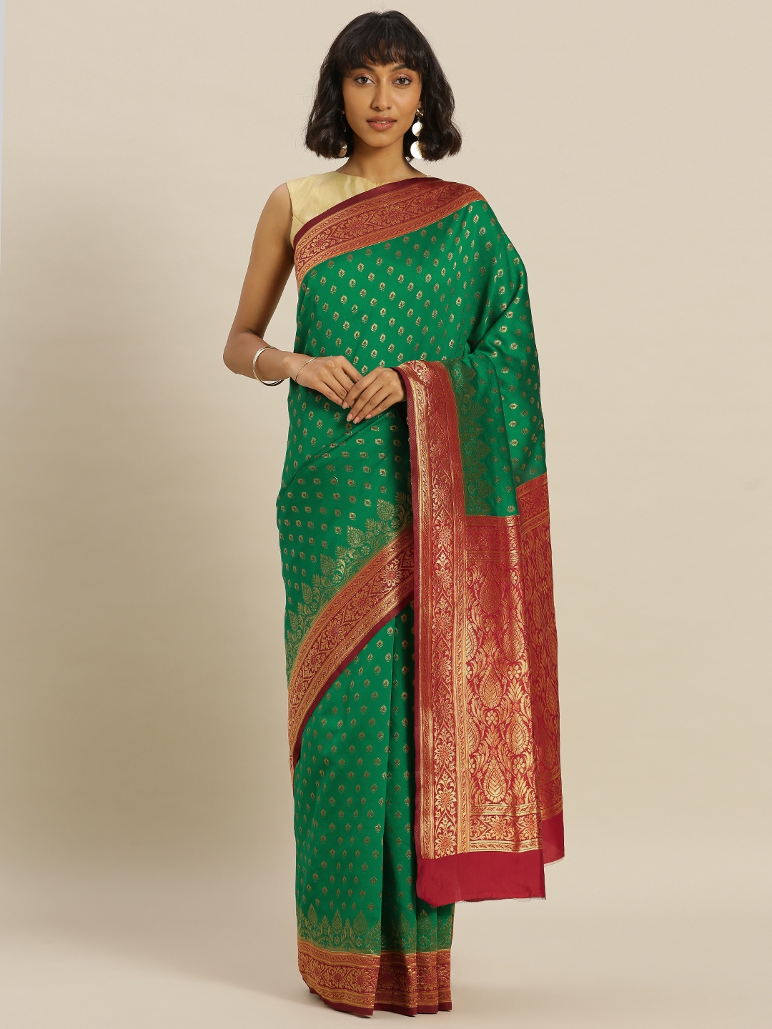 

Mitera Green Silk Blend Woven Design Banarasi Saree