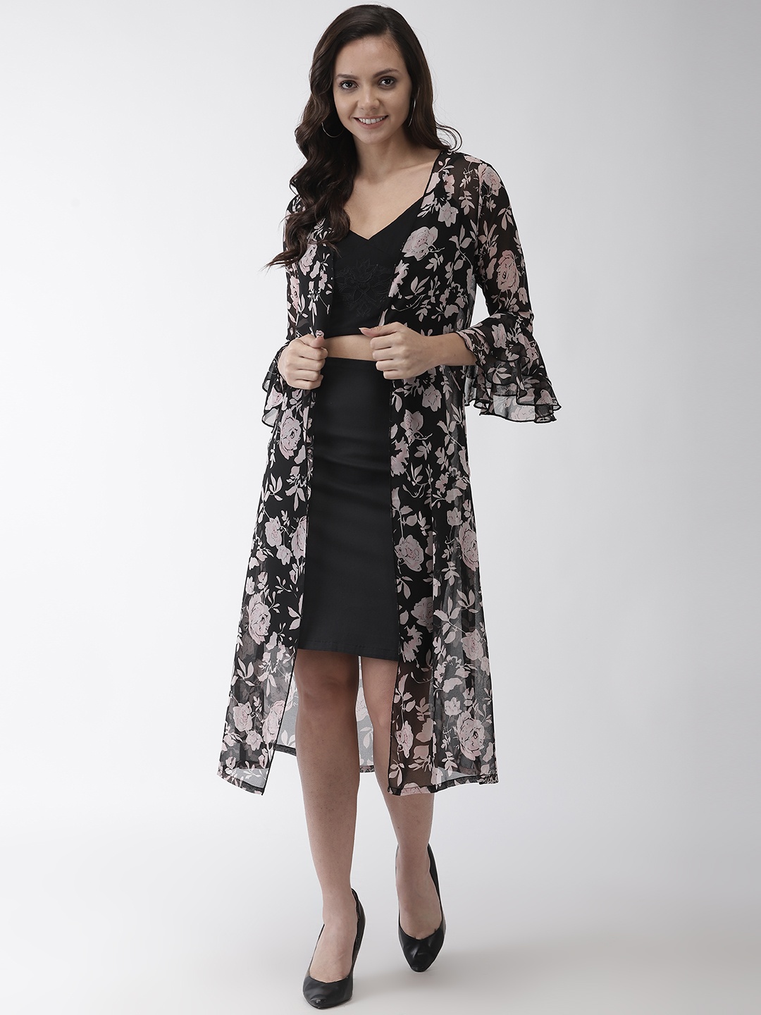 

WISSTLER Women Black & Pink Printed Sheer Open Front Shrug