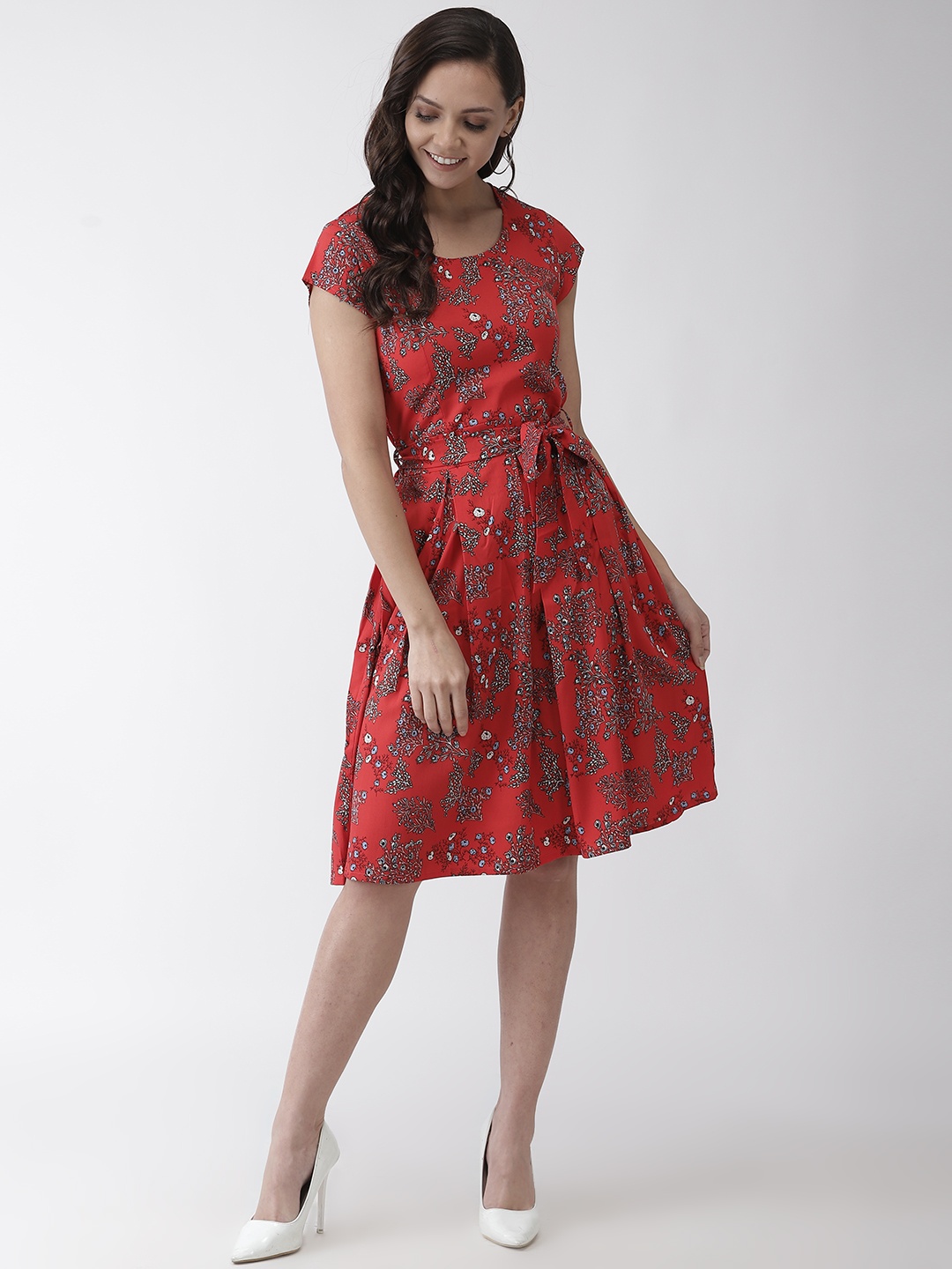 

WISSTLER Women Red & White Printed Fit and Flare Dress