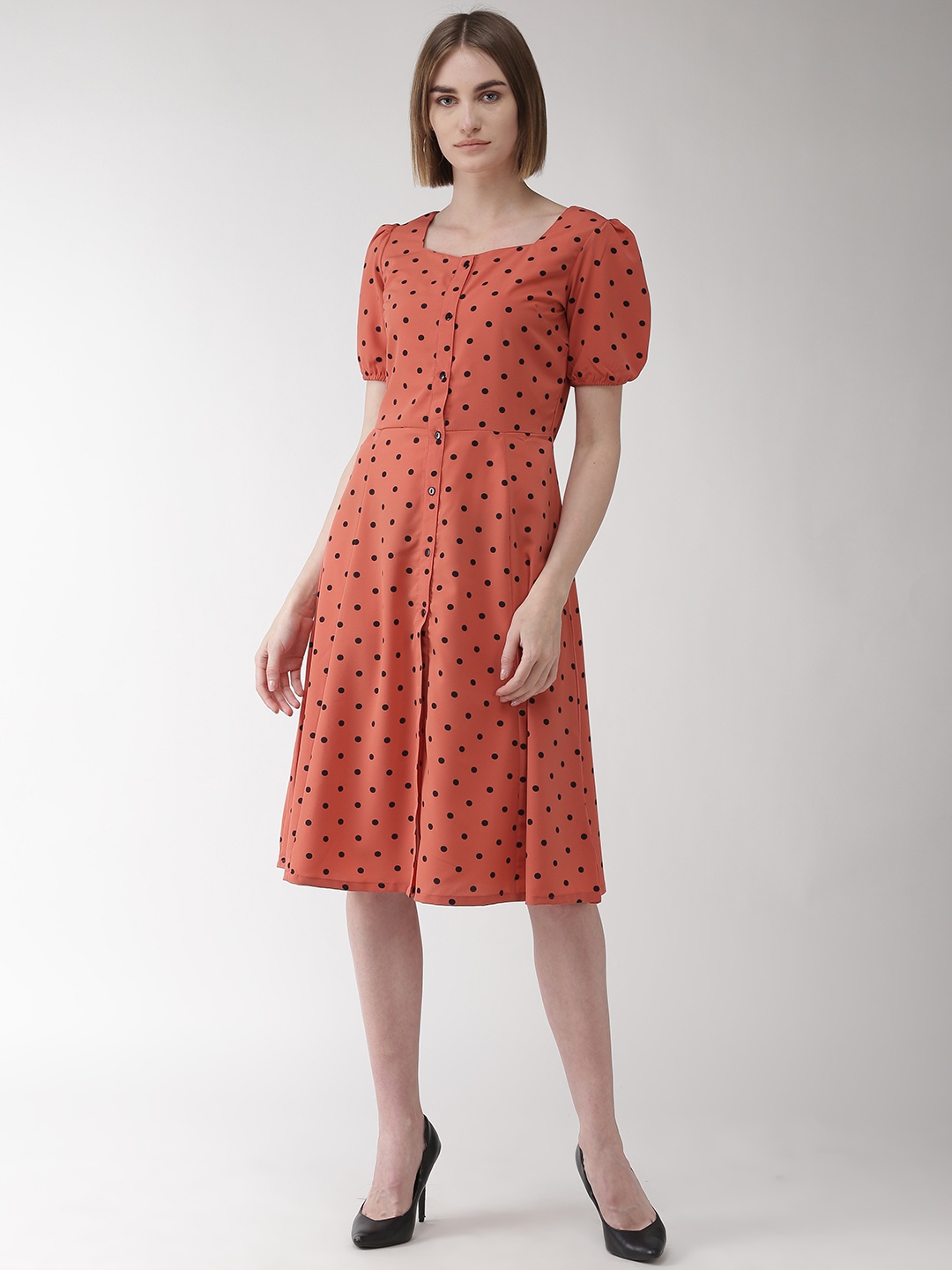 

plusS Rust Orange & Black Polka Dots Printed Fit & Flare Dress