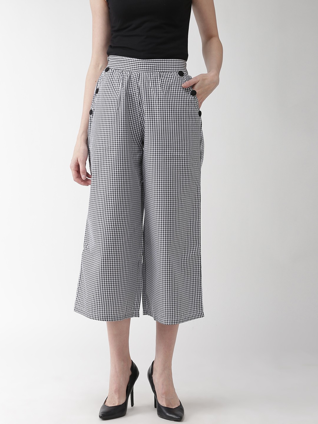 

plusS Women Black & White Checked Straight Cropped Palazzos