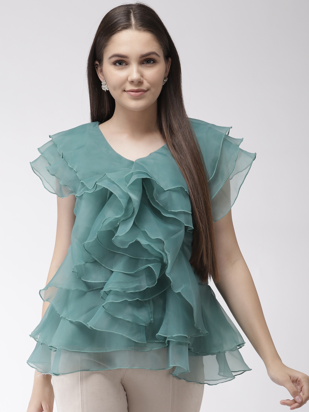 

plusS Women Sea Green Solid Ruffled A-Line Top