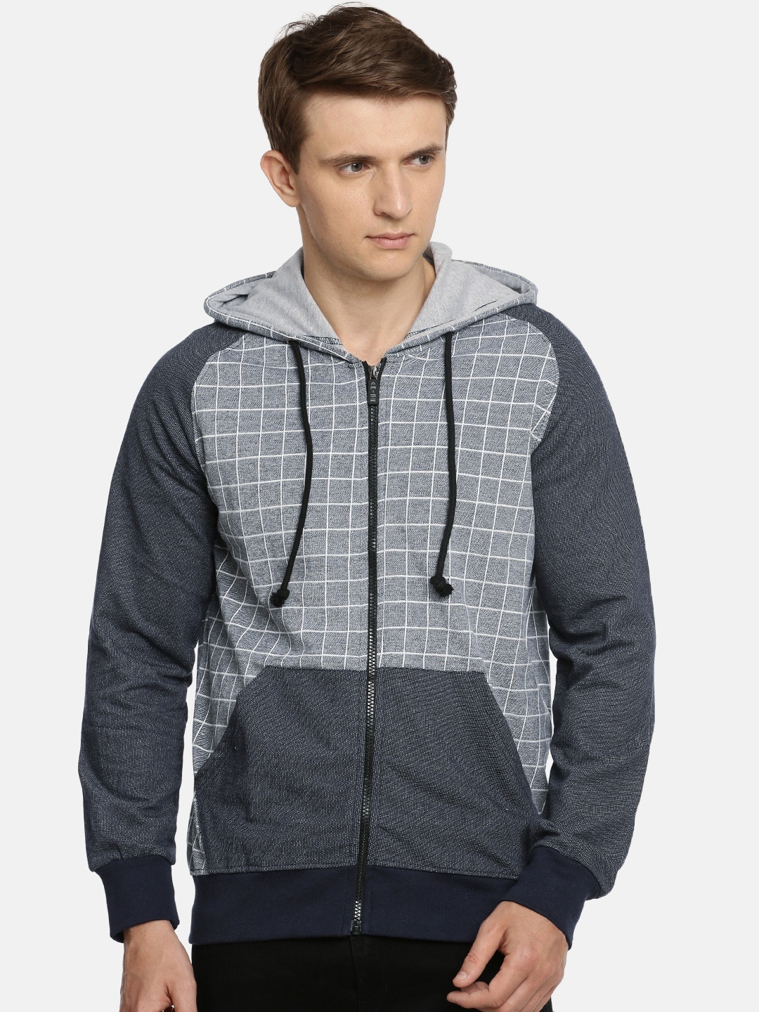 

ARISE Men Navy Blue & White Checked Hooded Sweatshirt