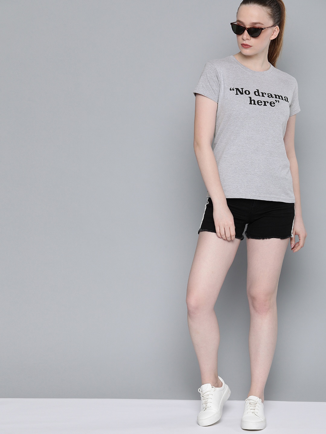 

DILLINGER Women Grey Printed Round Neck Regular Fit Pure Cotton T-shirt