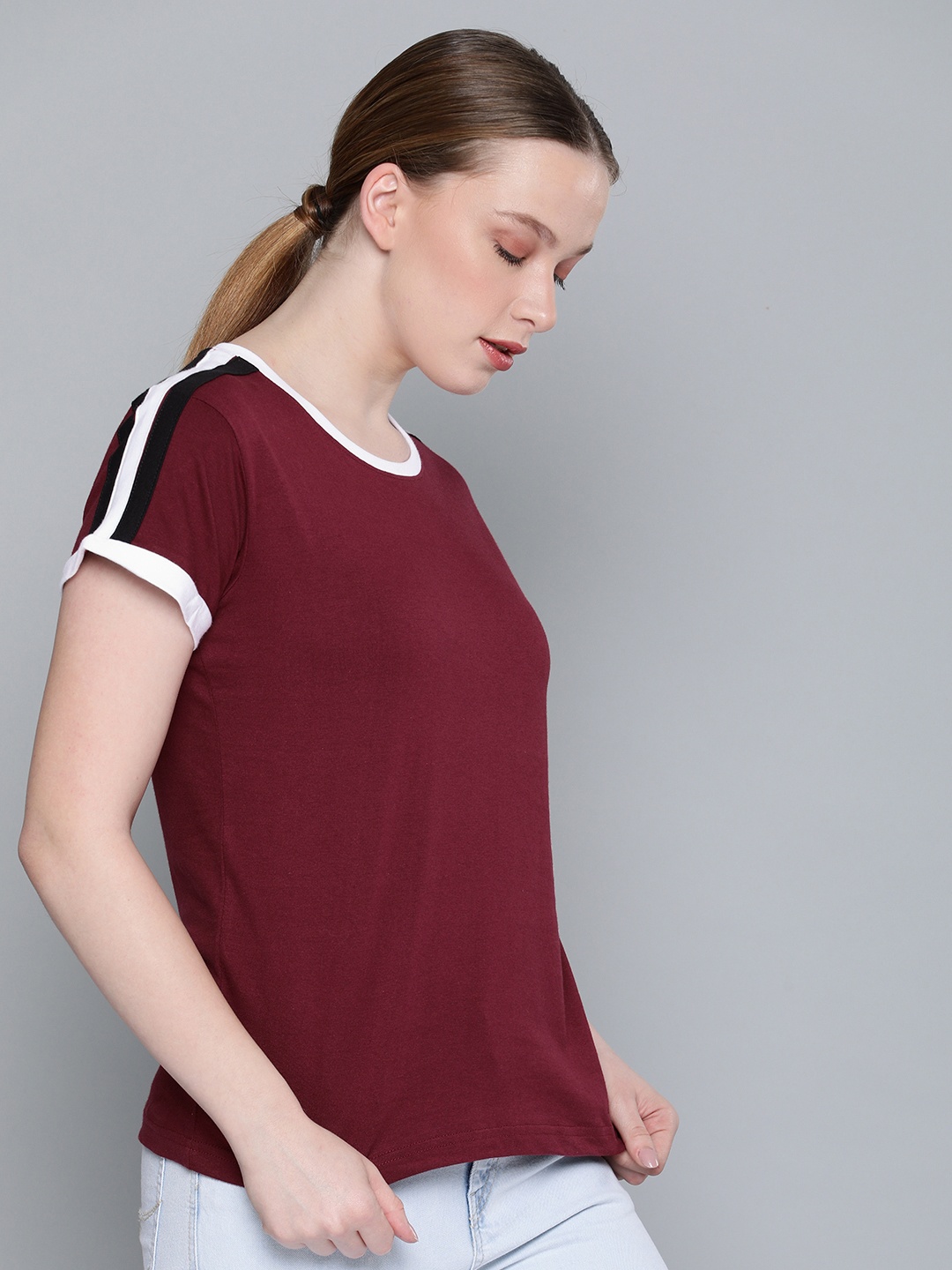 

DILLINGER Women Burgundy Solid Round Neck Regular Fit Pure Cotton T-shirt