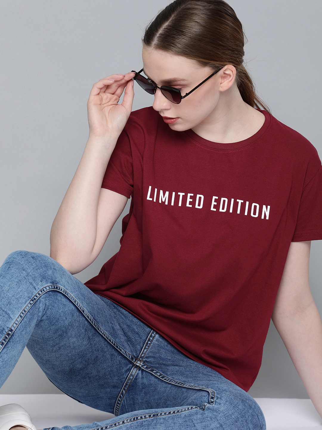 

DILLINGER Women Burgundy Fit Printed Round Neck Boxy Regular Pure Cotton T-shirt
