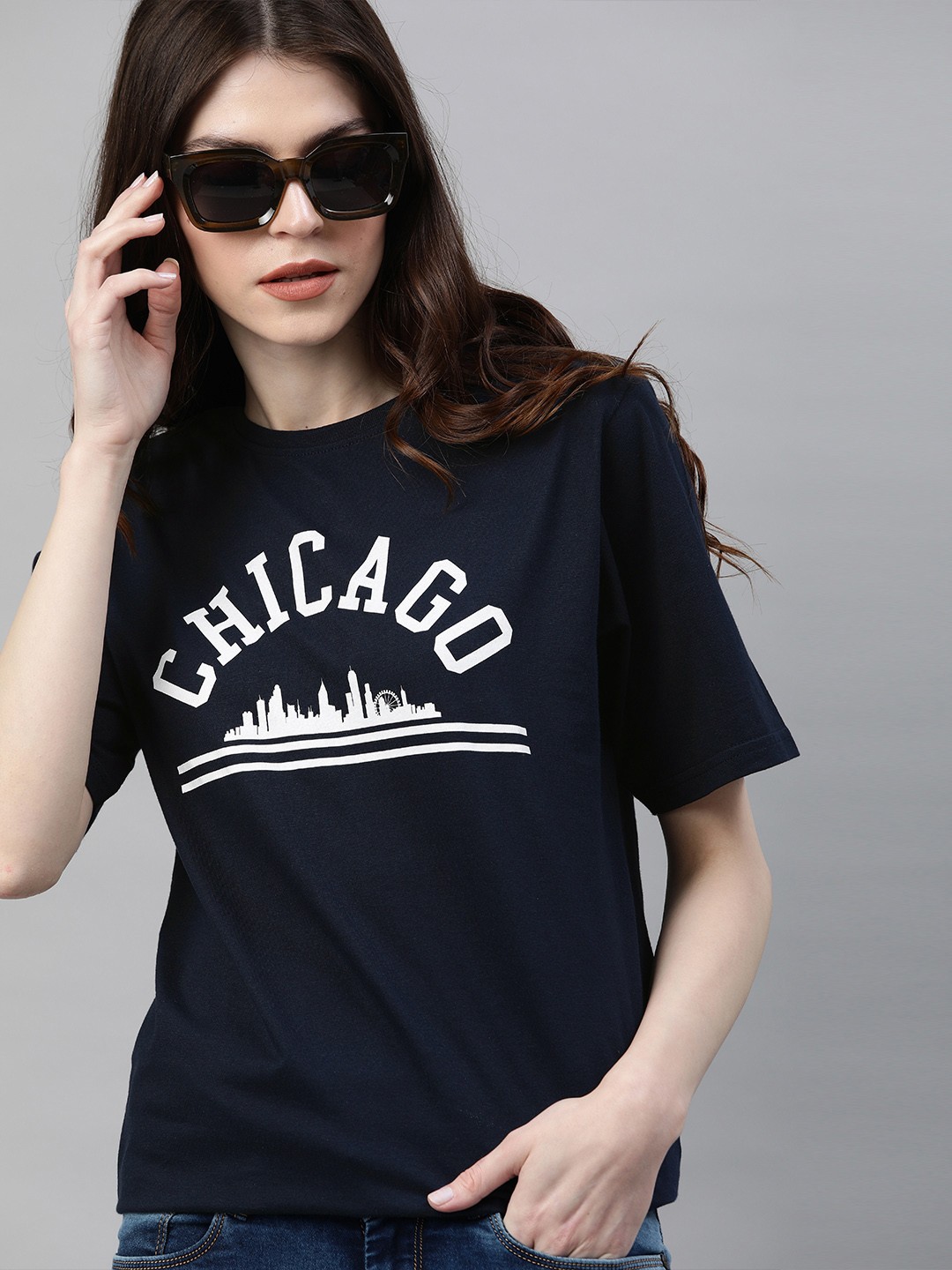 

DILLINGER Women Navy Blue Printed Round Neck Oversized Pure Cotton T-shirt