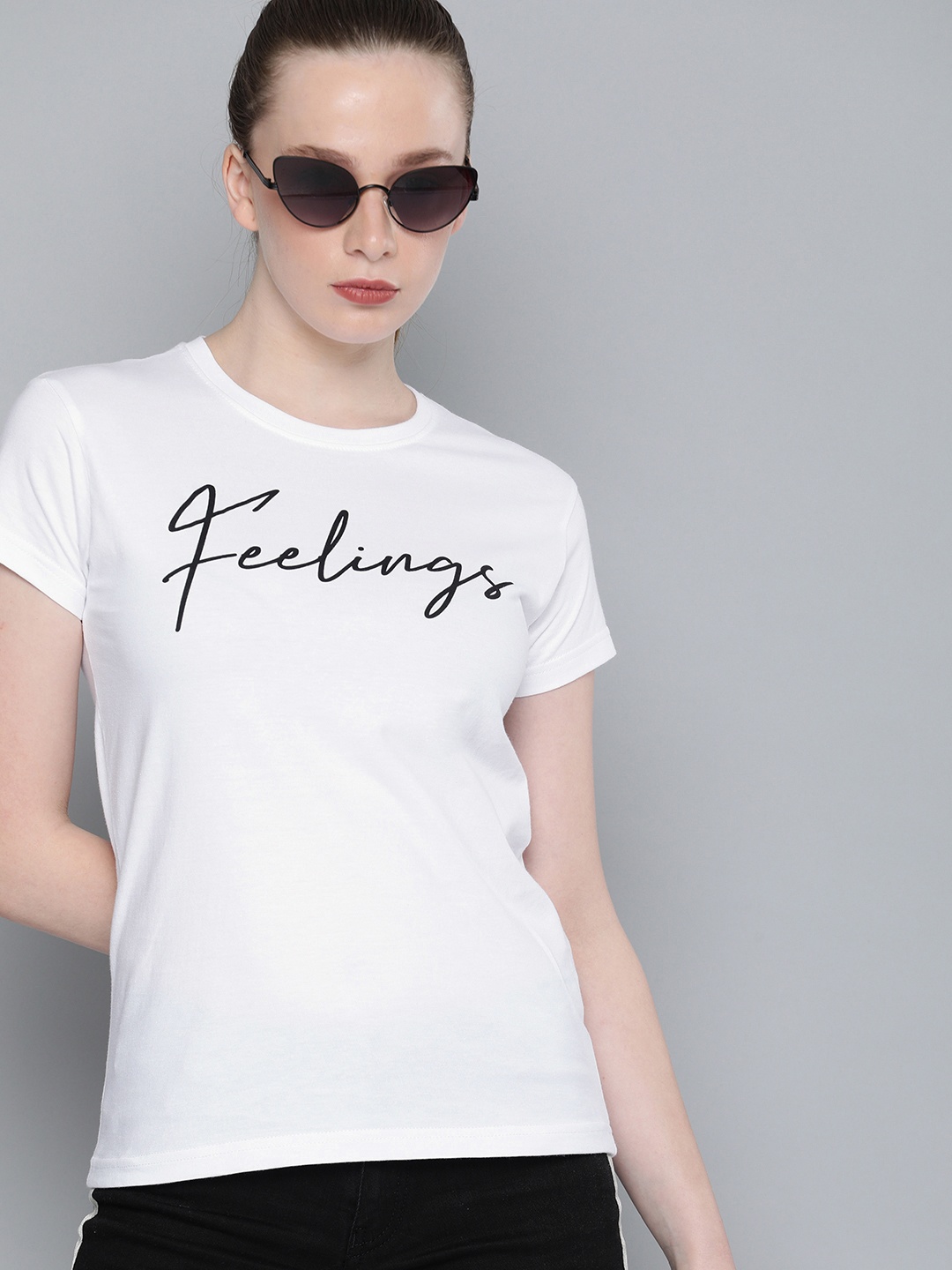 

DILLINGER Women White Printed Round Neck Regular Fit Pure Cotton T-shirt