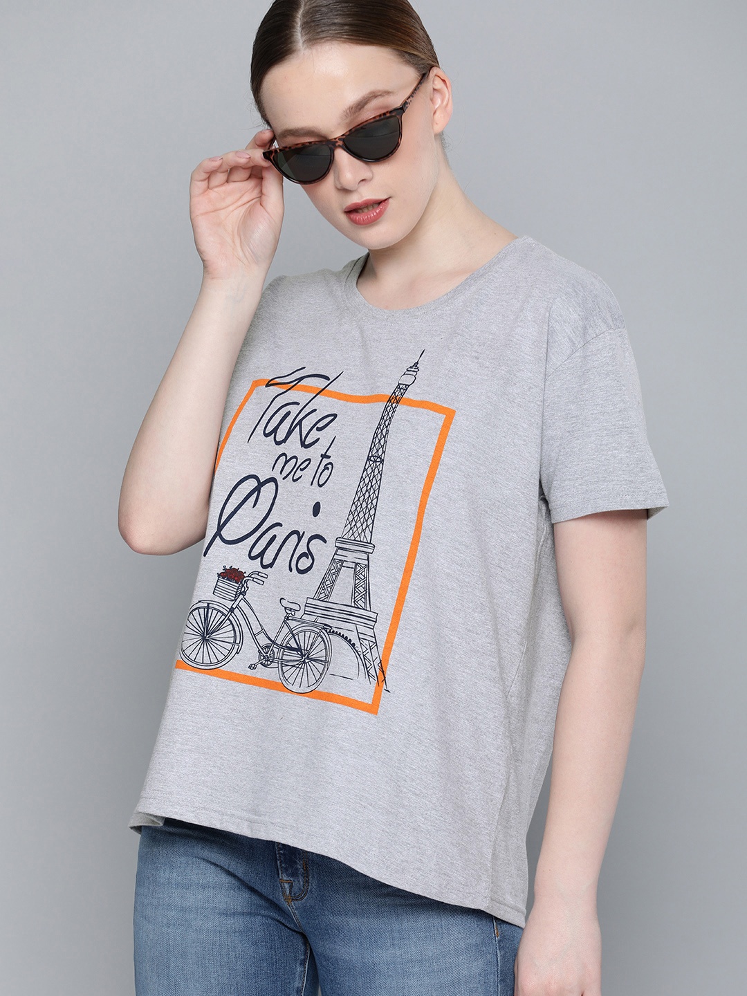 

DILLINGER Women Grey Melange Boxy Fit Printed Round Neck Regular Fit T-shirt