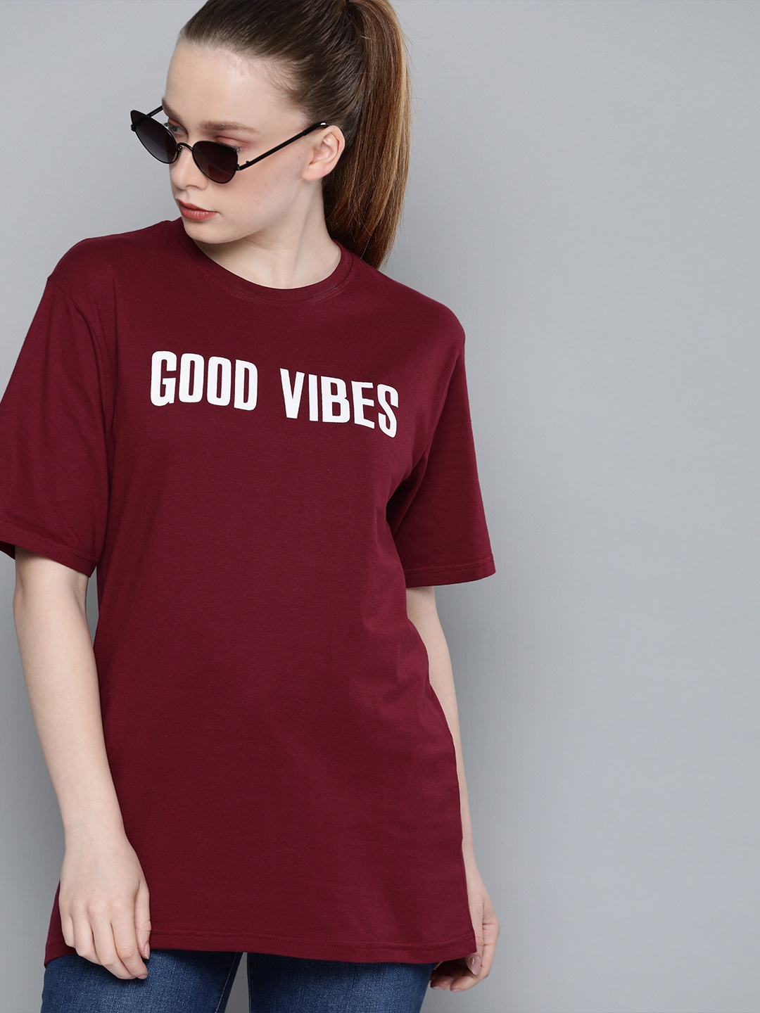 

DILLINGER Women Maroon Printed Round Neck Oversized Pure Cotton T-shirt